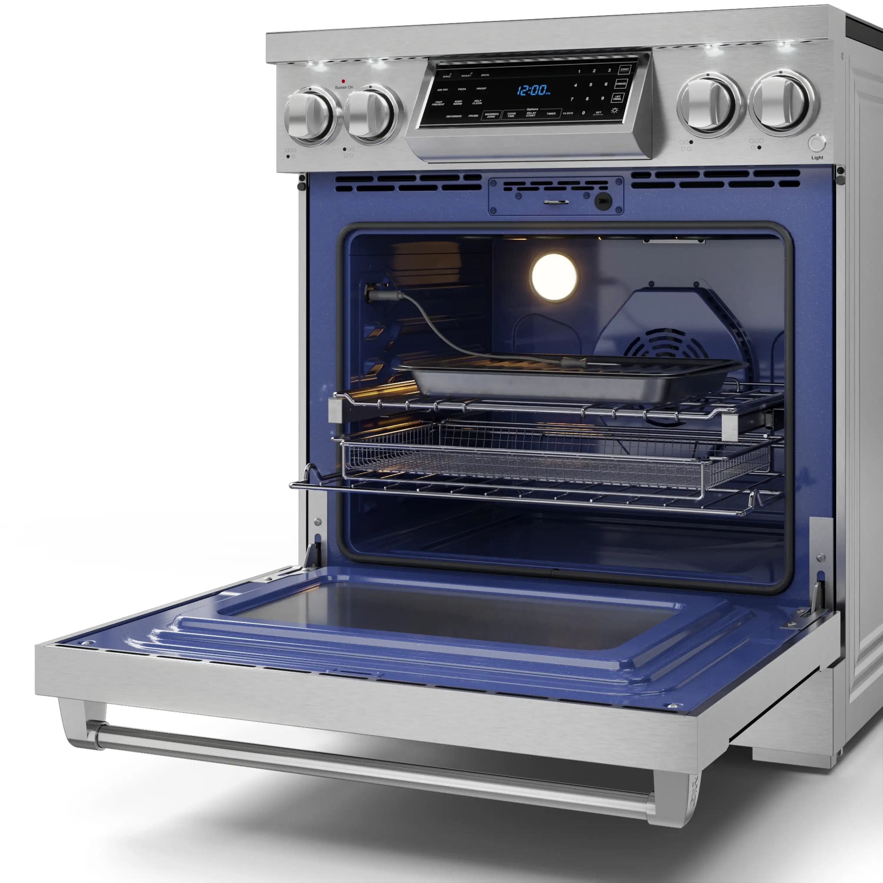 Stainless electric range with oven door open, interior light and air-fry tray