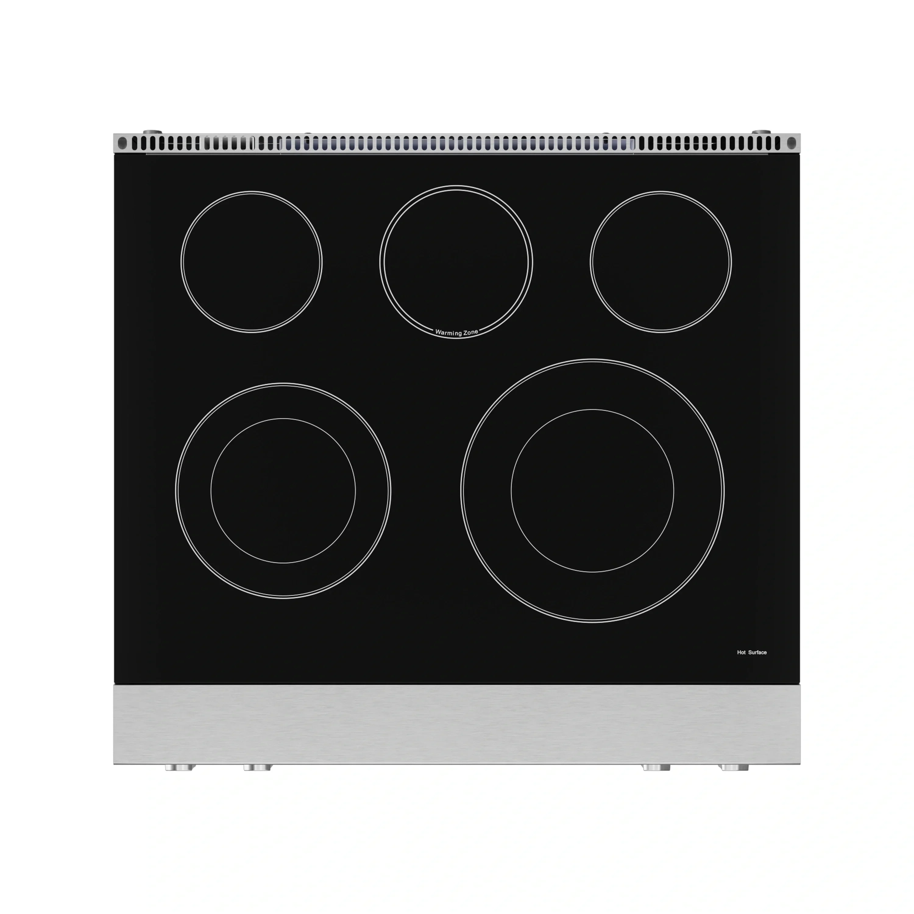 Black electric cooktop with five circular burner zones on stainless base
