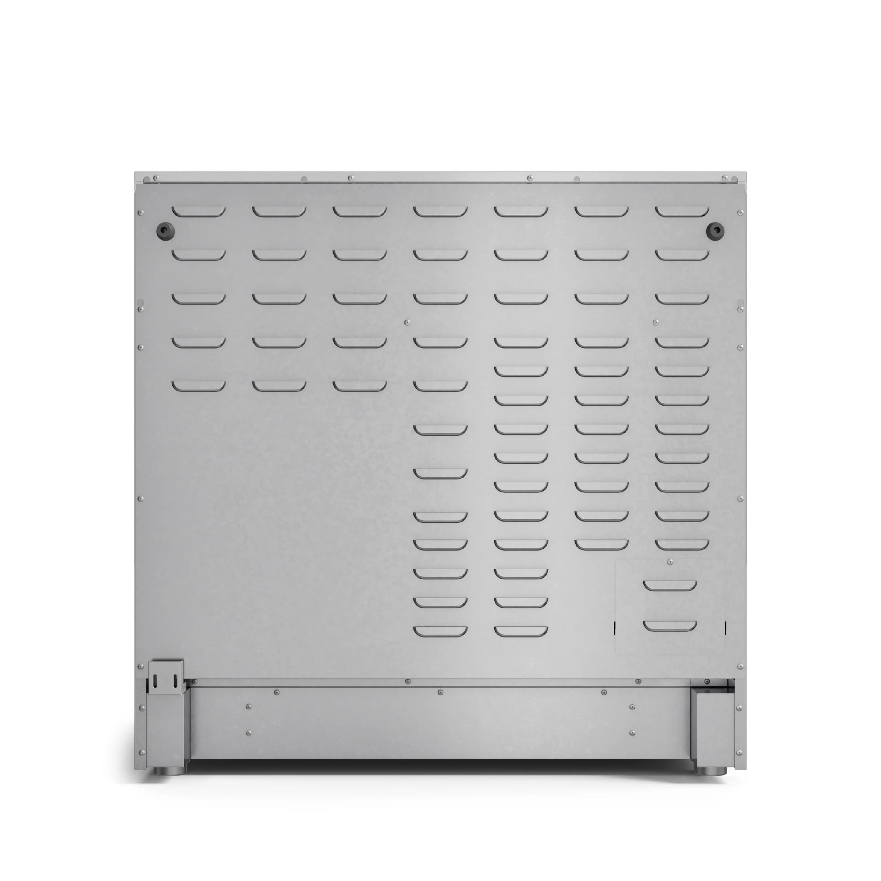 Stainless oven back panel with vented airflow slots, freestanding electric range