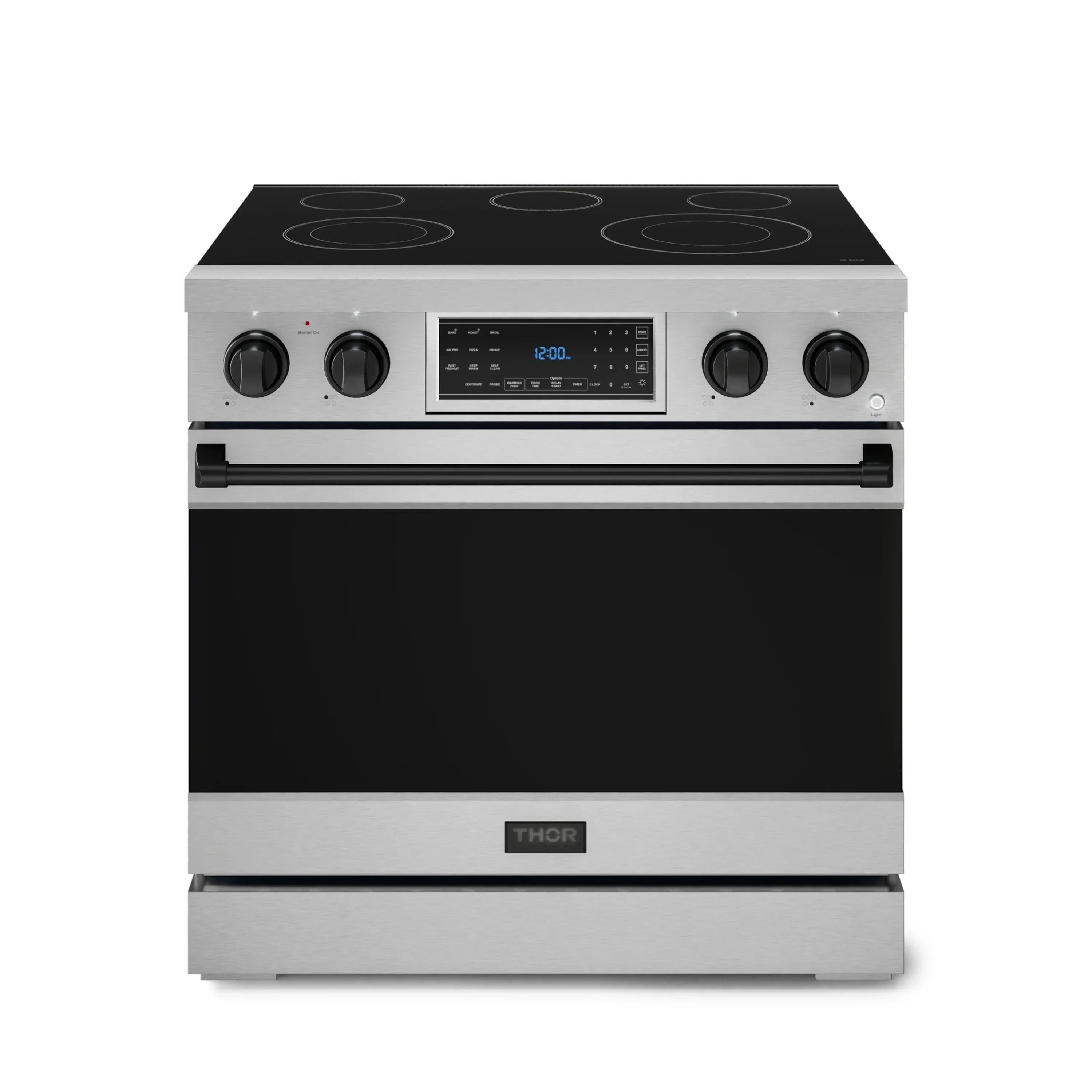 Freestanding electric range with black glass cooktop and stainless oven door