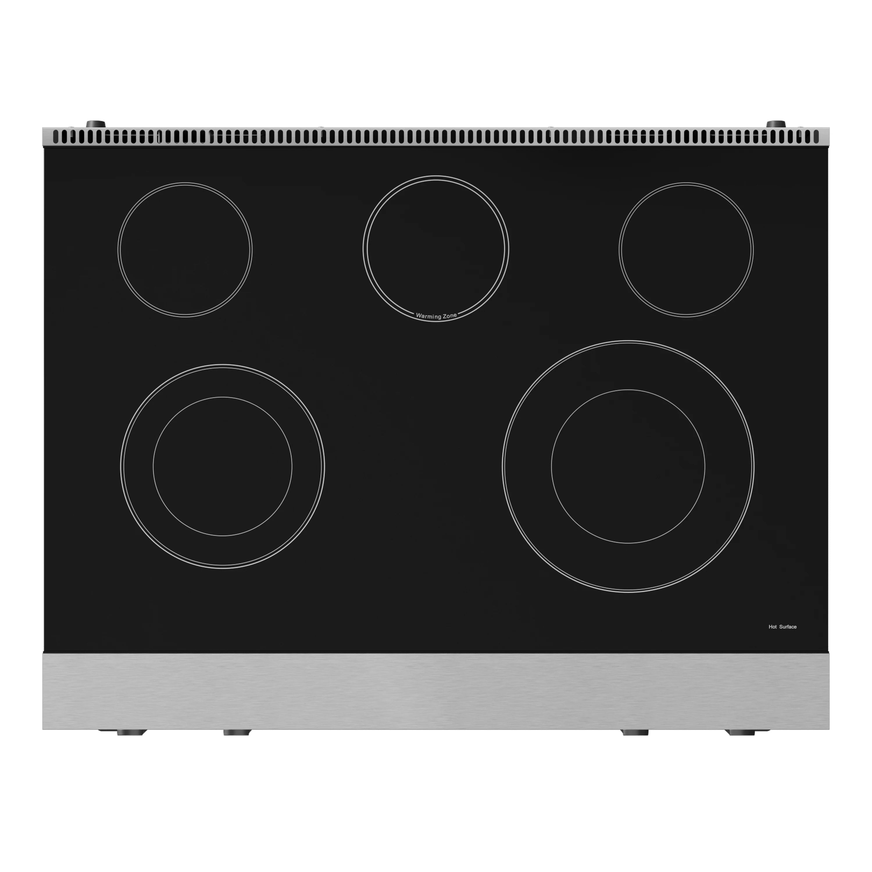 Black glass electric cooktop with five circular burner elements on stainless base