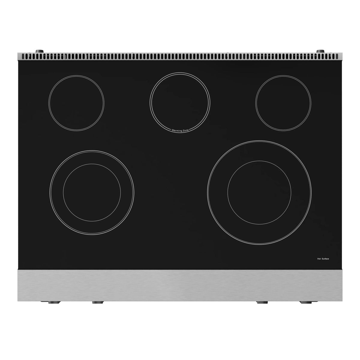 Black glass electric cooktop with five circular burner elements on stainless base