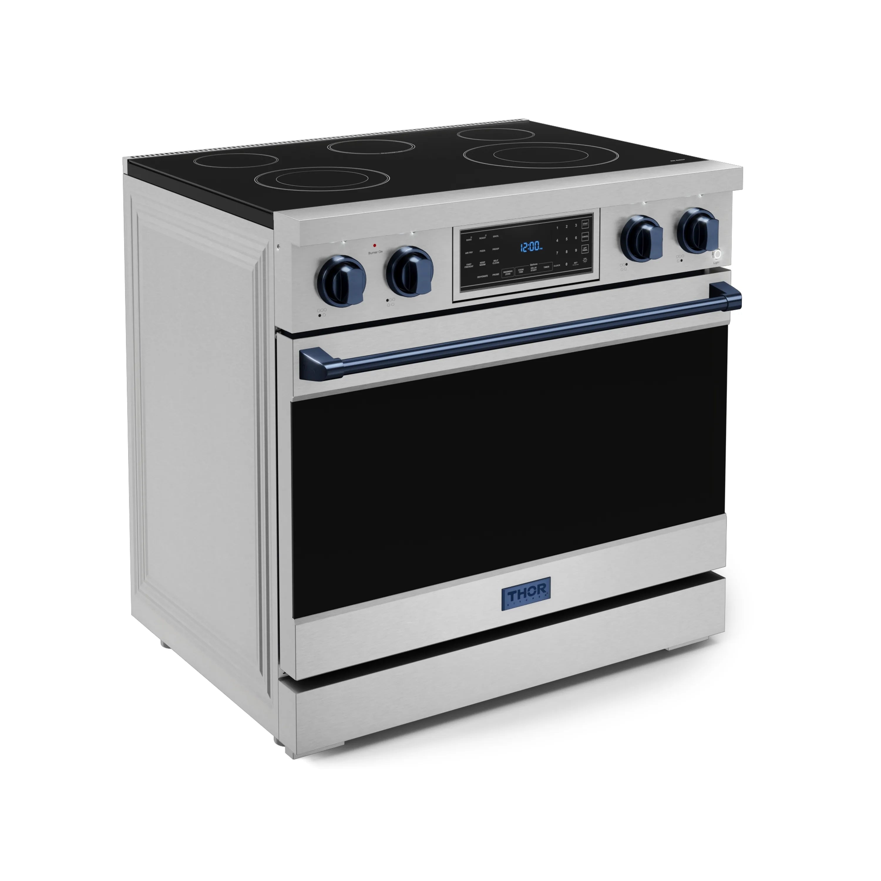 Stainless electric range with black cooktop, navy trim, and touch control panel