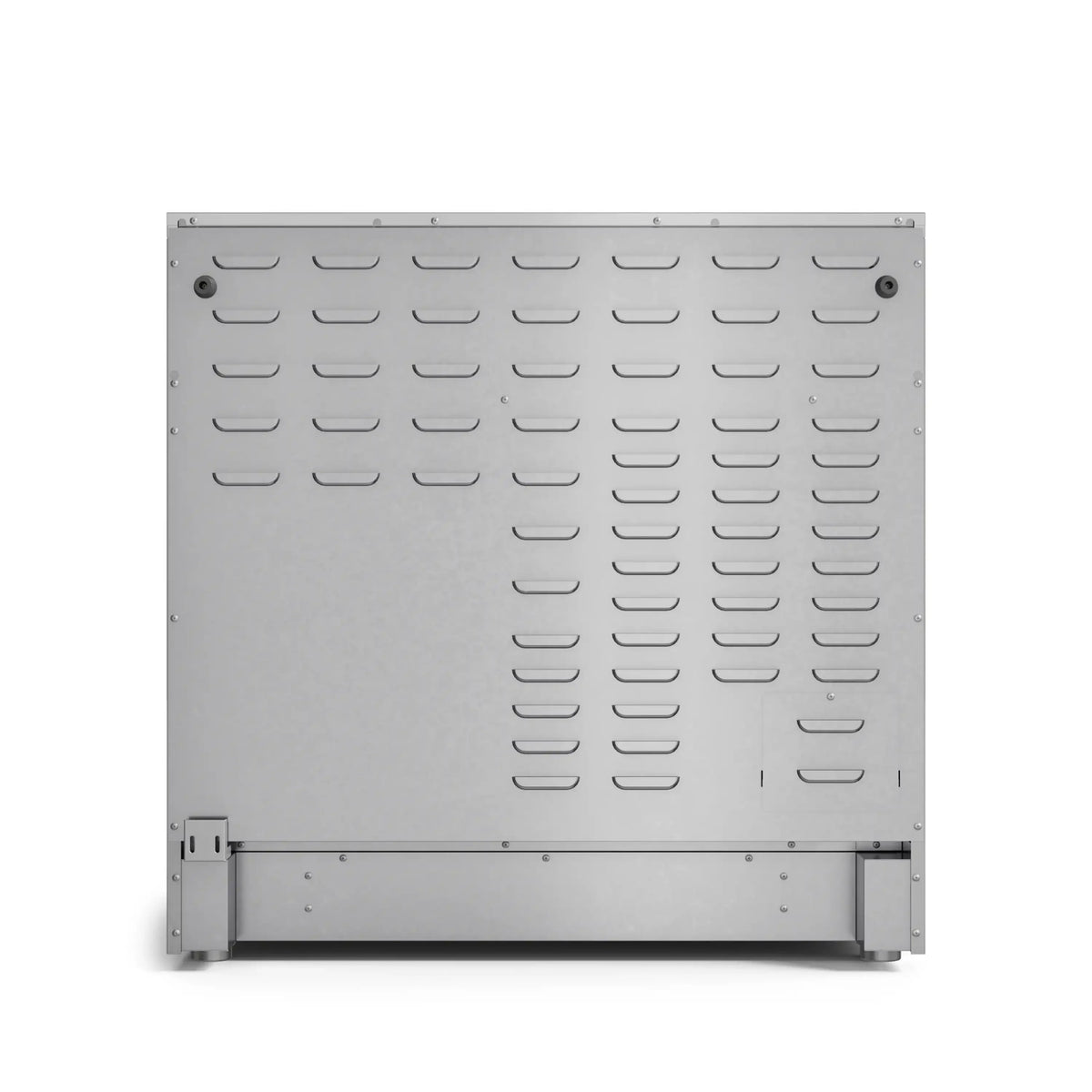 Stainless steel range vent panel with evenly spaced horizontal slot openings