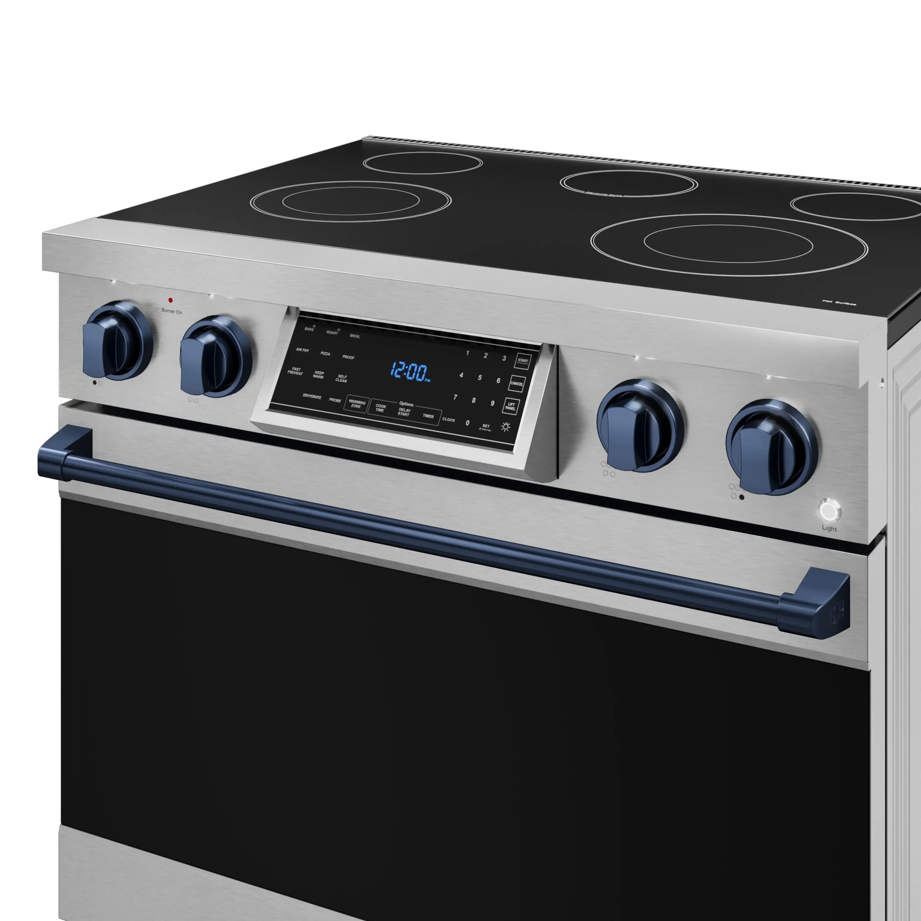 Stainless steel electric range with black glass cooktop and blue control knobs