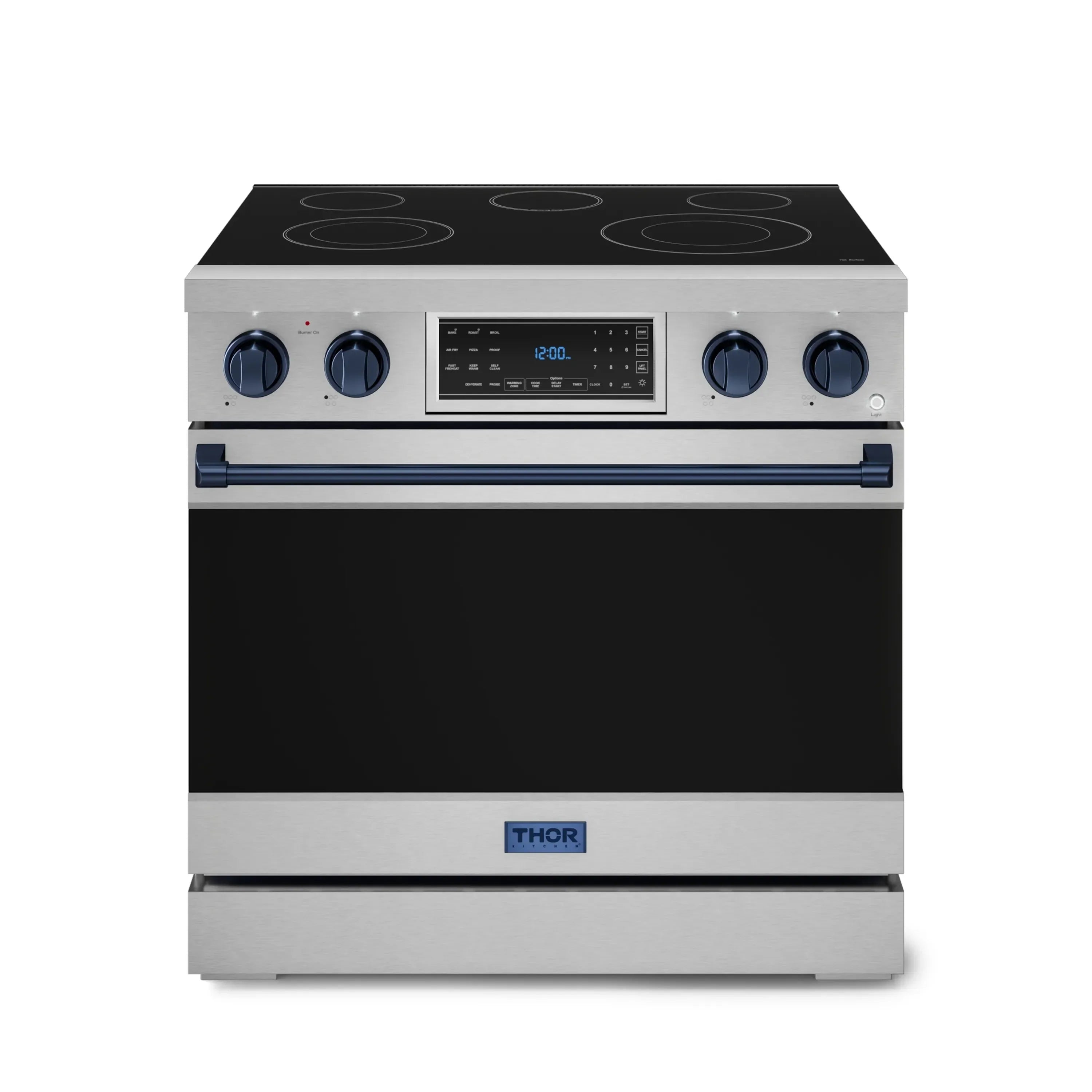 White electric range with black glass cooktop, blue control knobs, and digital display