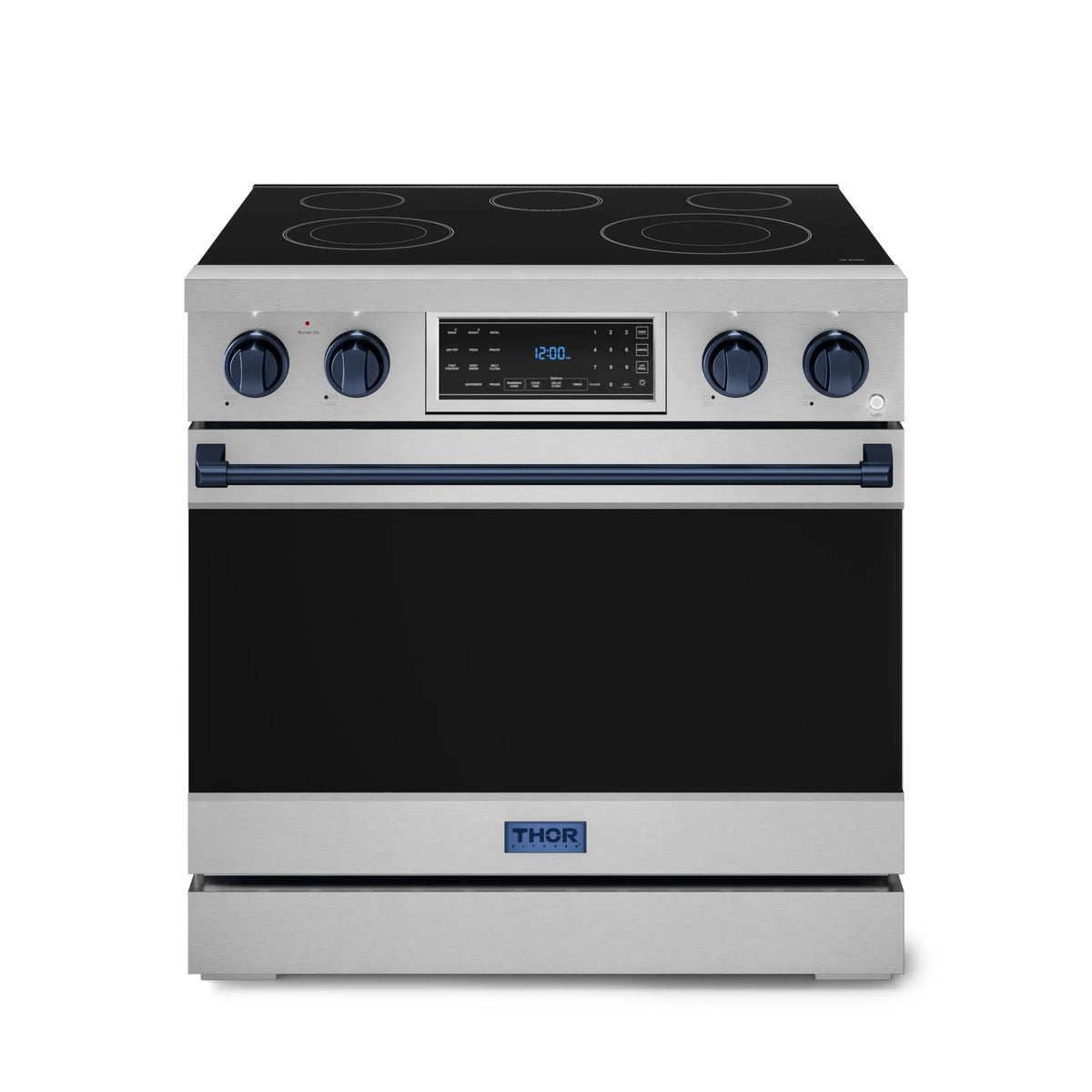 Front view of stainless electric range with black glass cooktop and blue control accents