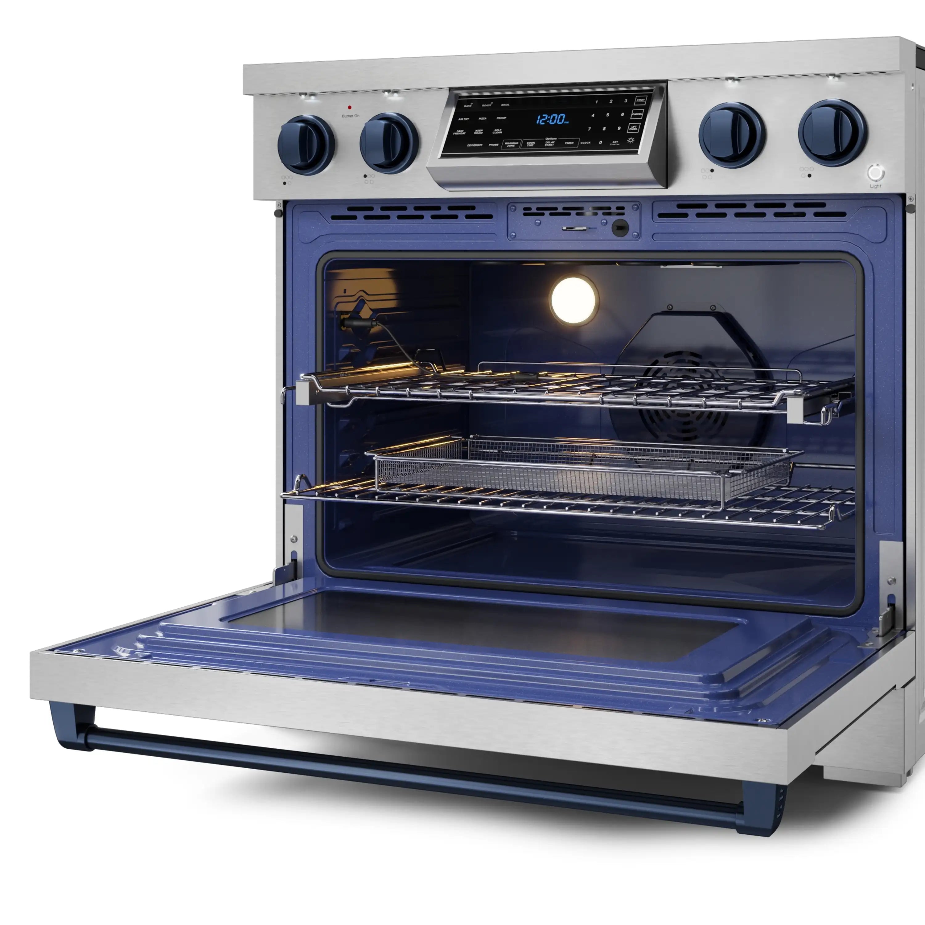 Stainless electric range with oven open, blue interior and heating racks