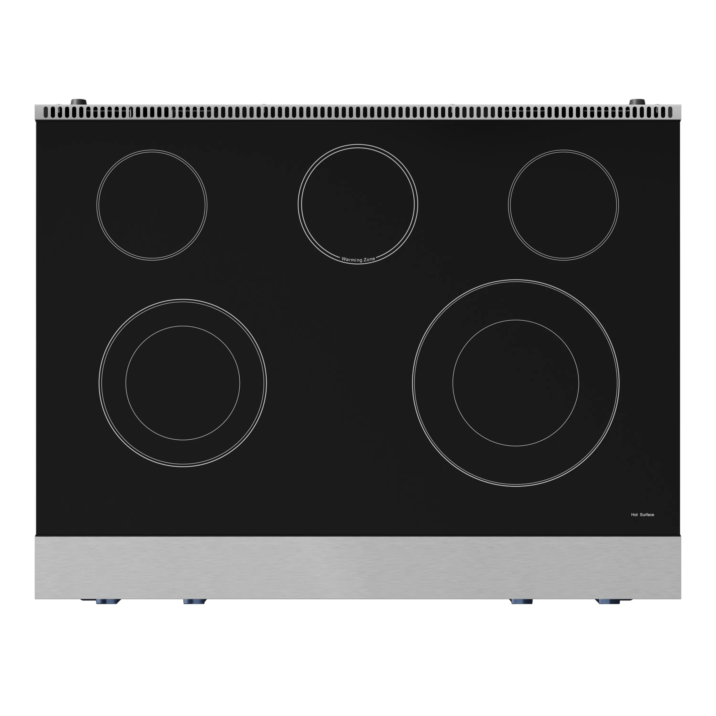 Stainless electric range back guard with black cooktop and 5 circular burners