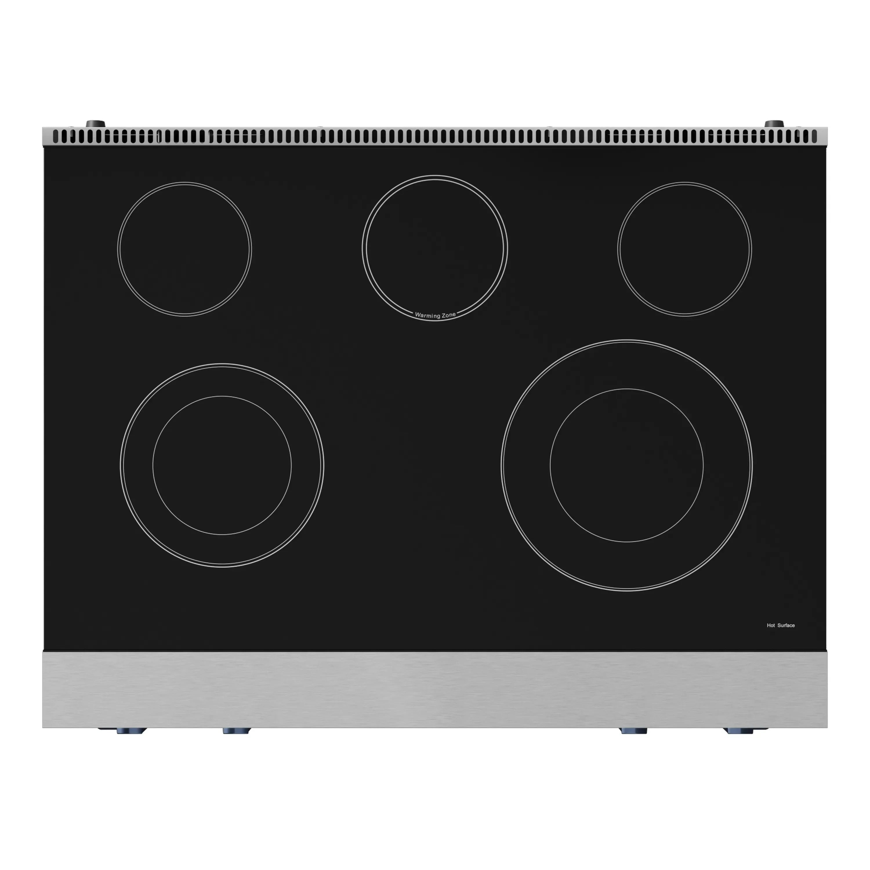 Black glass cooktop with five circular burner zones on a stainless base