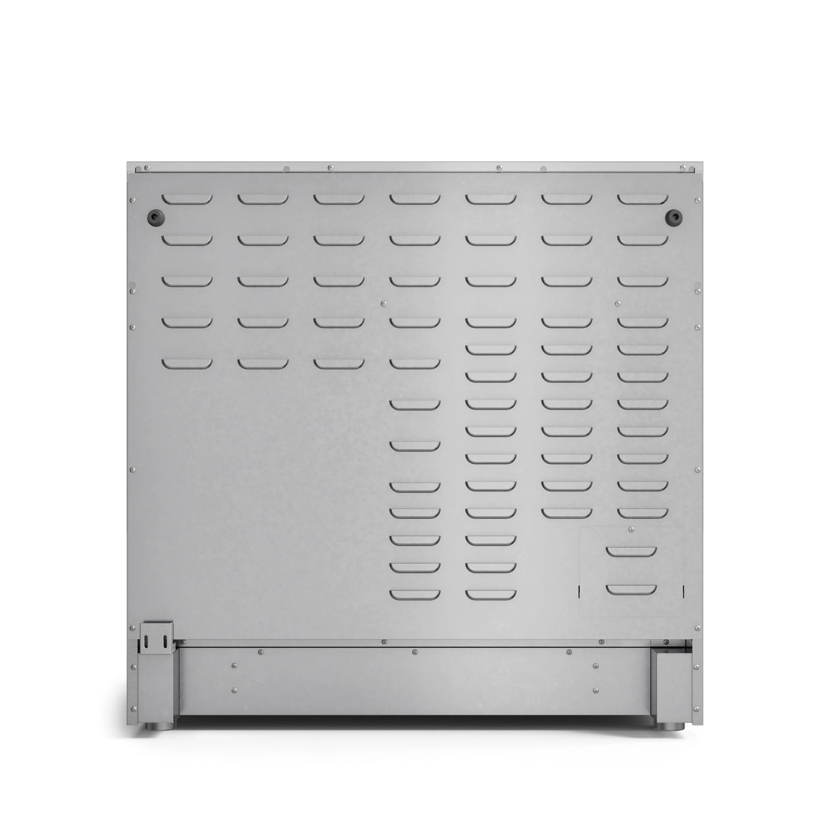 Stainless rear service panel with many ventilation slots.