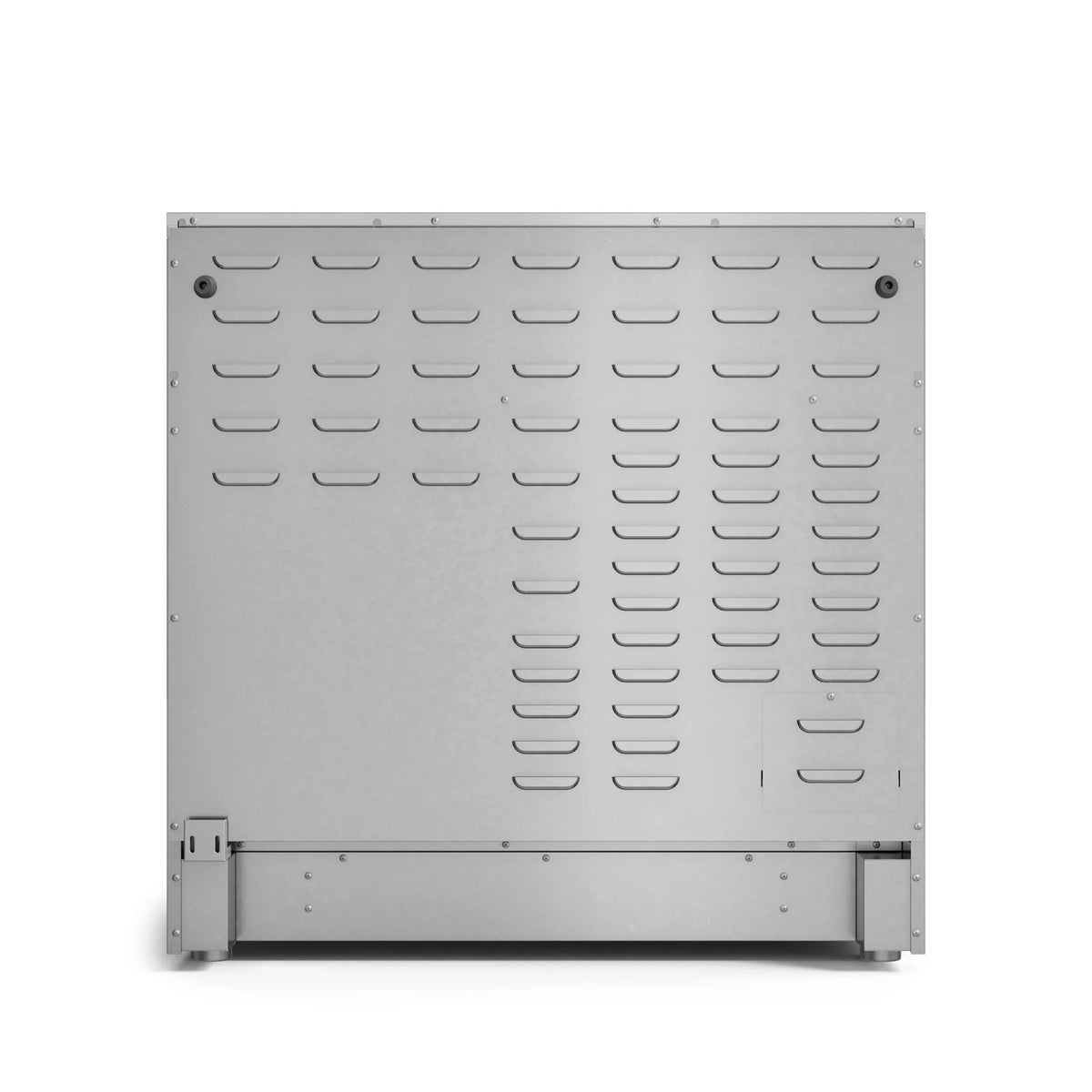 Stainless rear service panel with many ventilation slots.