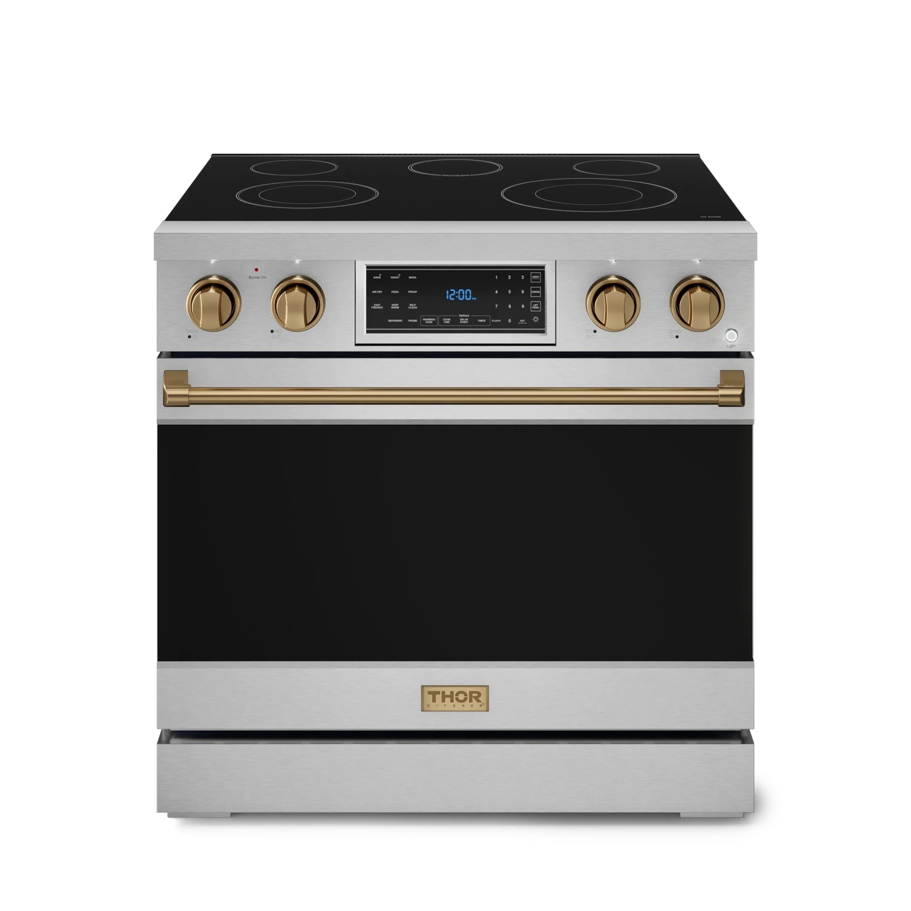 Electric freestanding range with black glass cooktop, gold knobs, and digital display