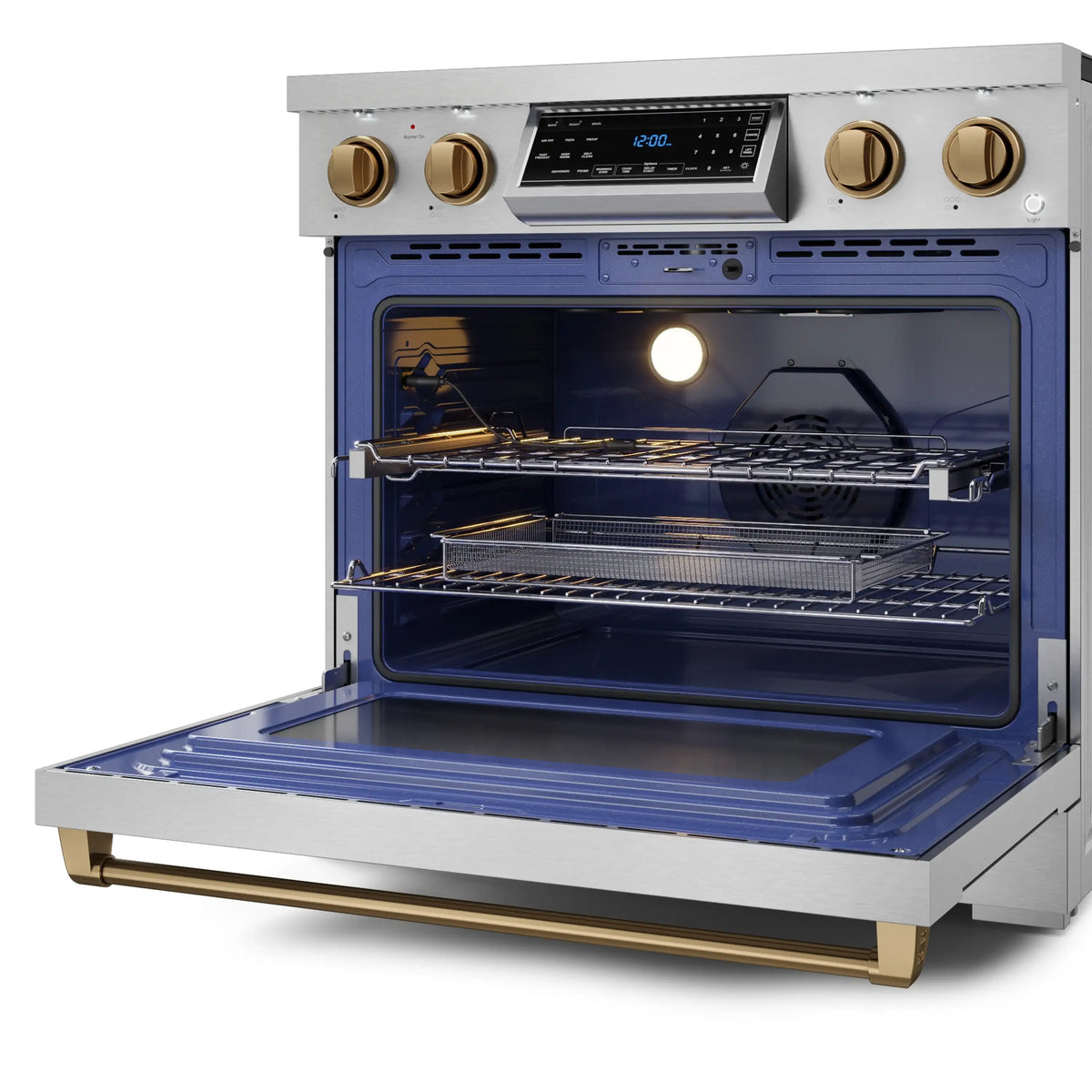 Stainless electric range with oven interior light on and racks inside