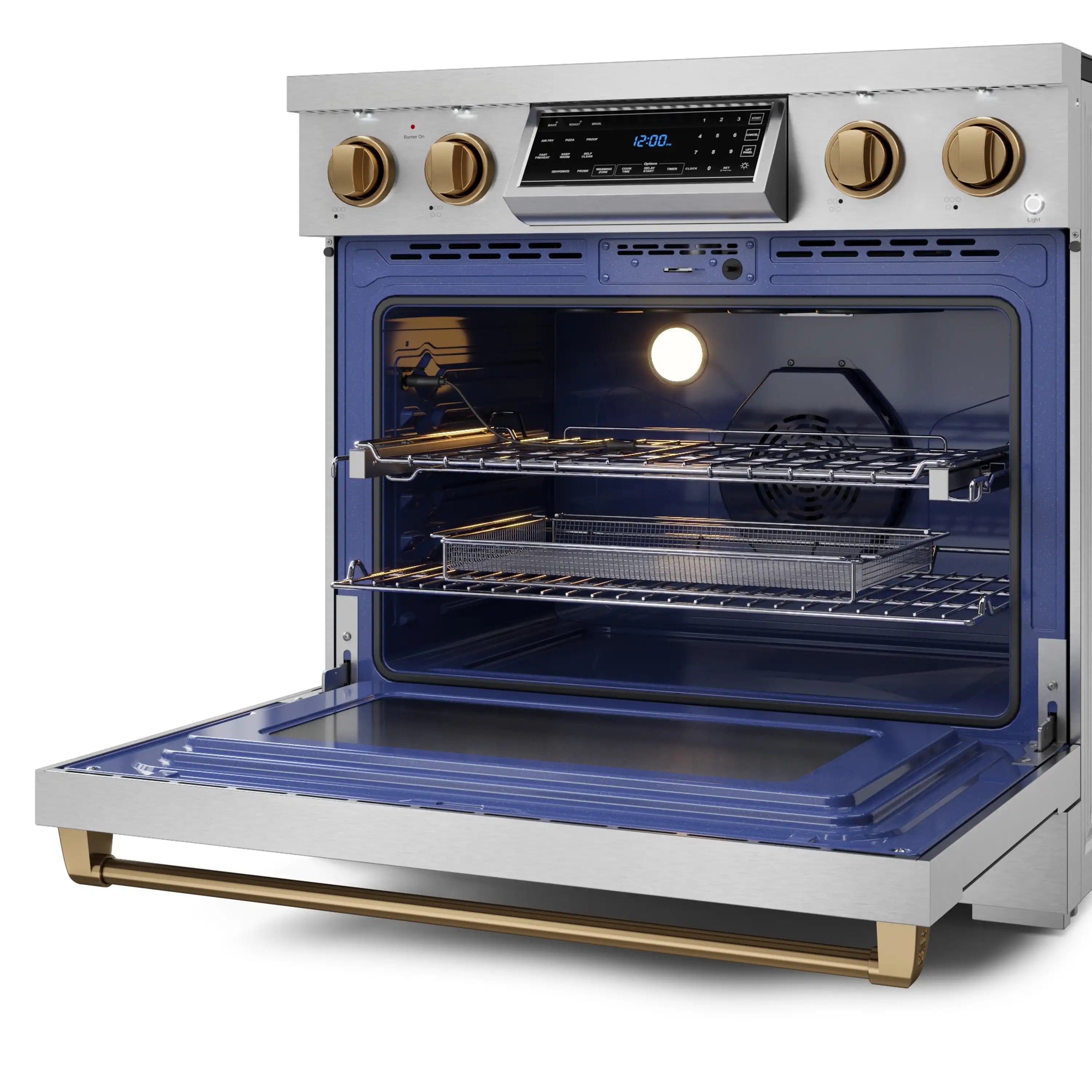 Stainless oven with open door, blue cooking cavity, and gold trim on control panel