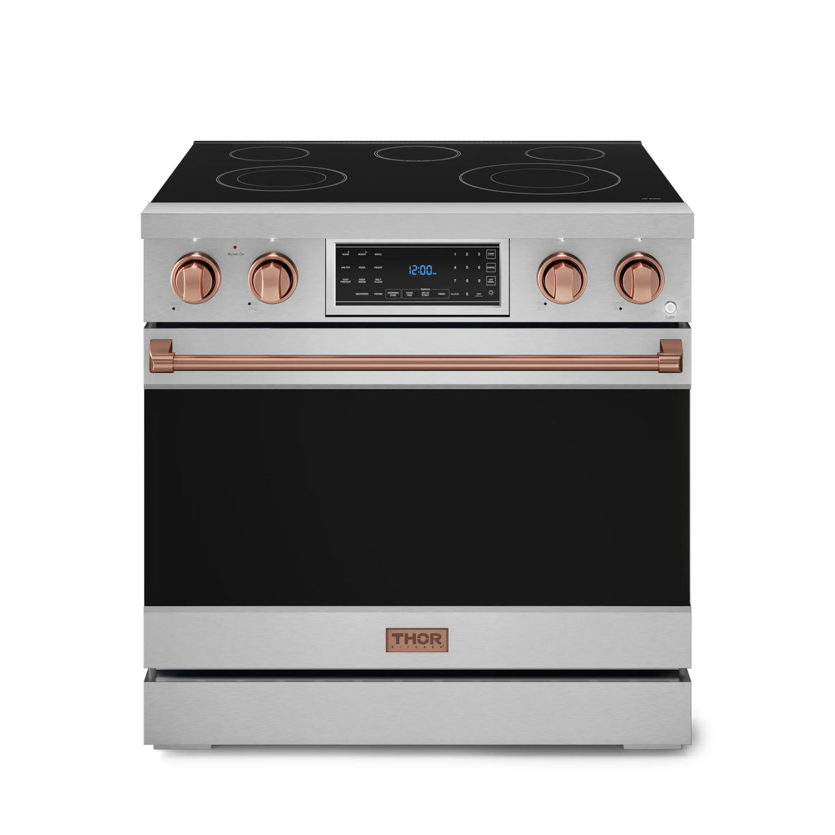 Stainless electric range with black glass cooktop, rose-gold knobs, and THOR logo