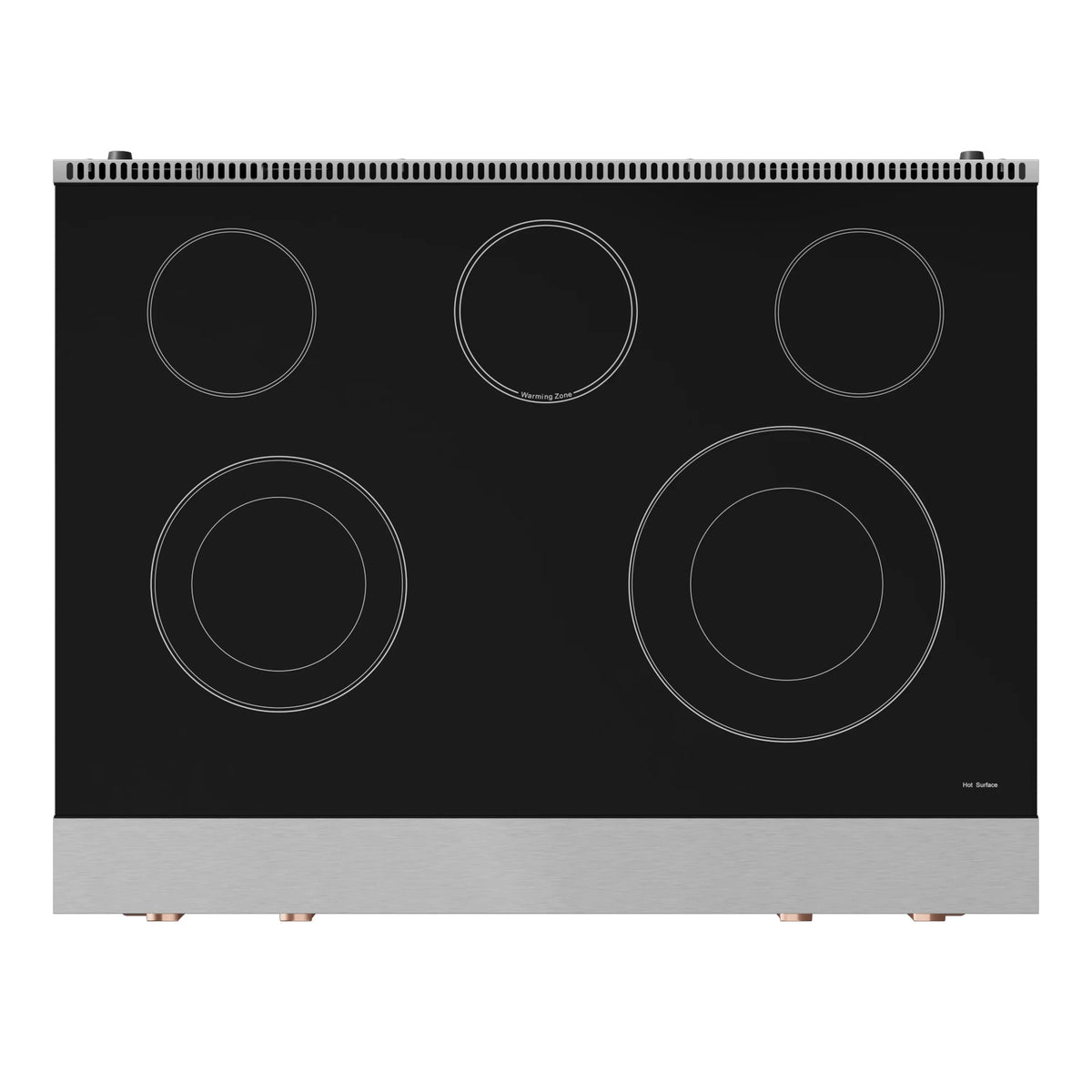 Black glass cooktop with five circular heating elements on stainless electric range