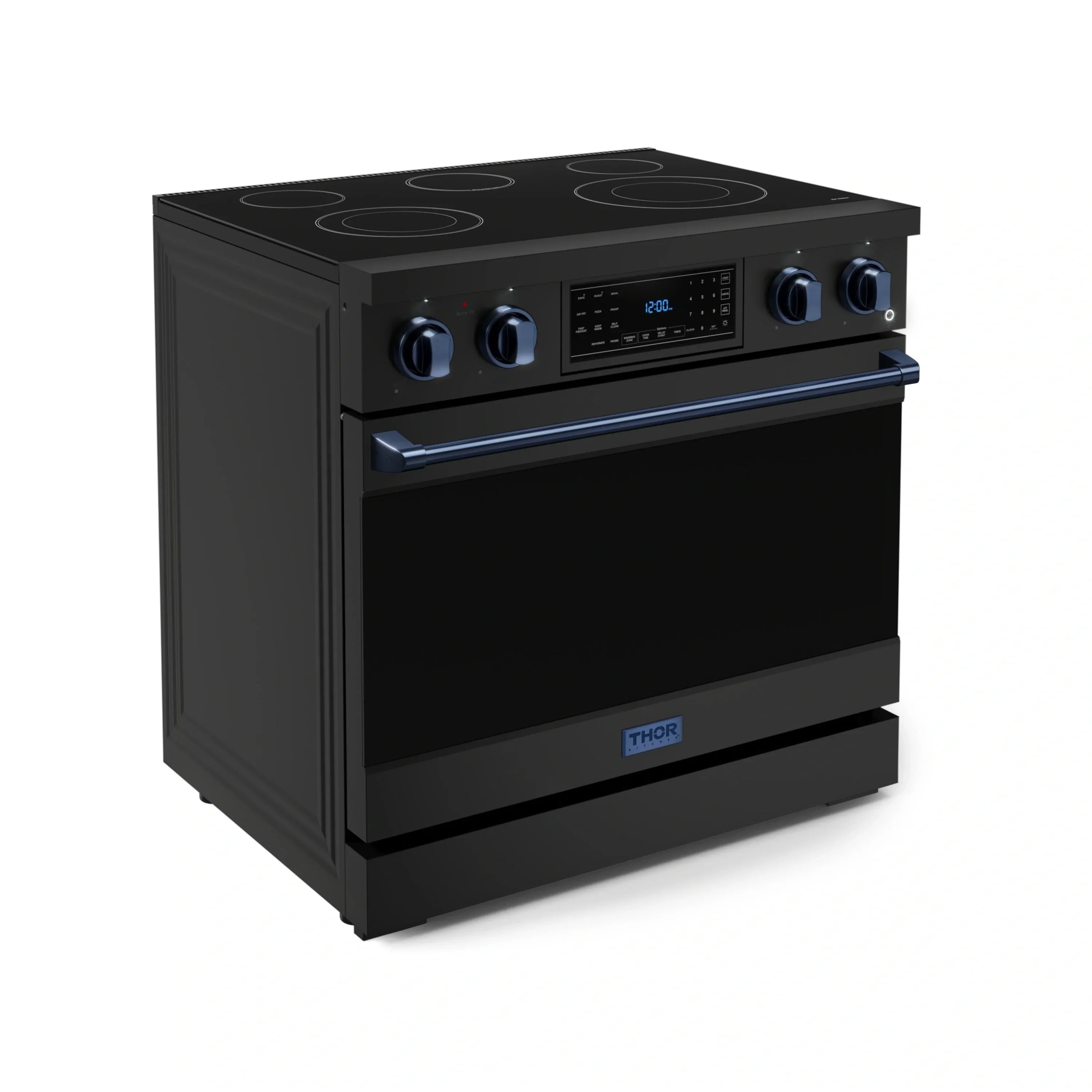 Black electric range with blue-trim door trim, knobs, and digital display