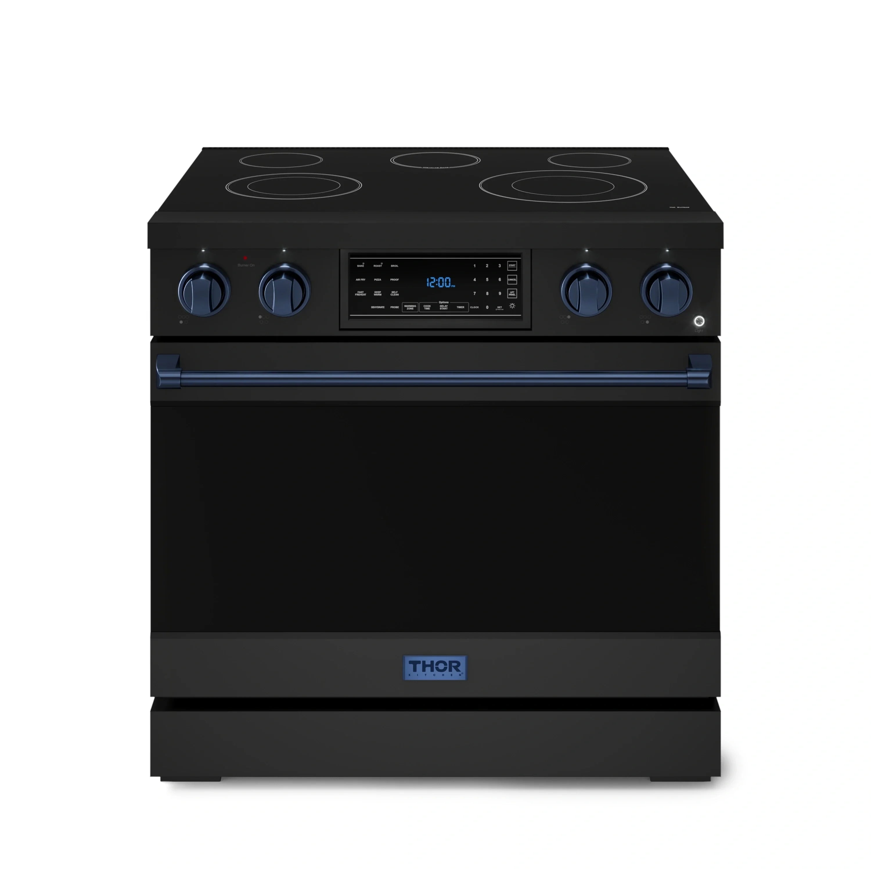 Black 36-inch electric range with coil cooktop, blue controls, and digital display