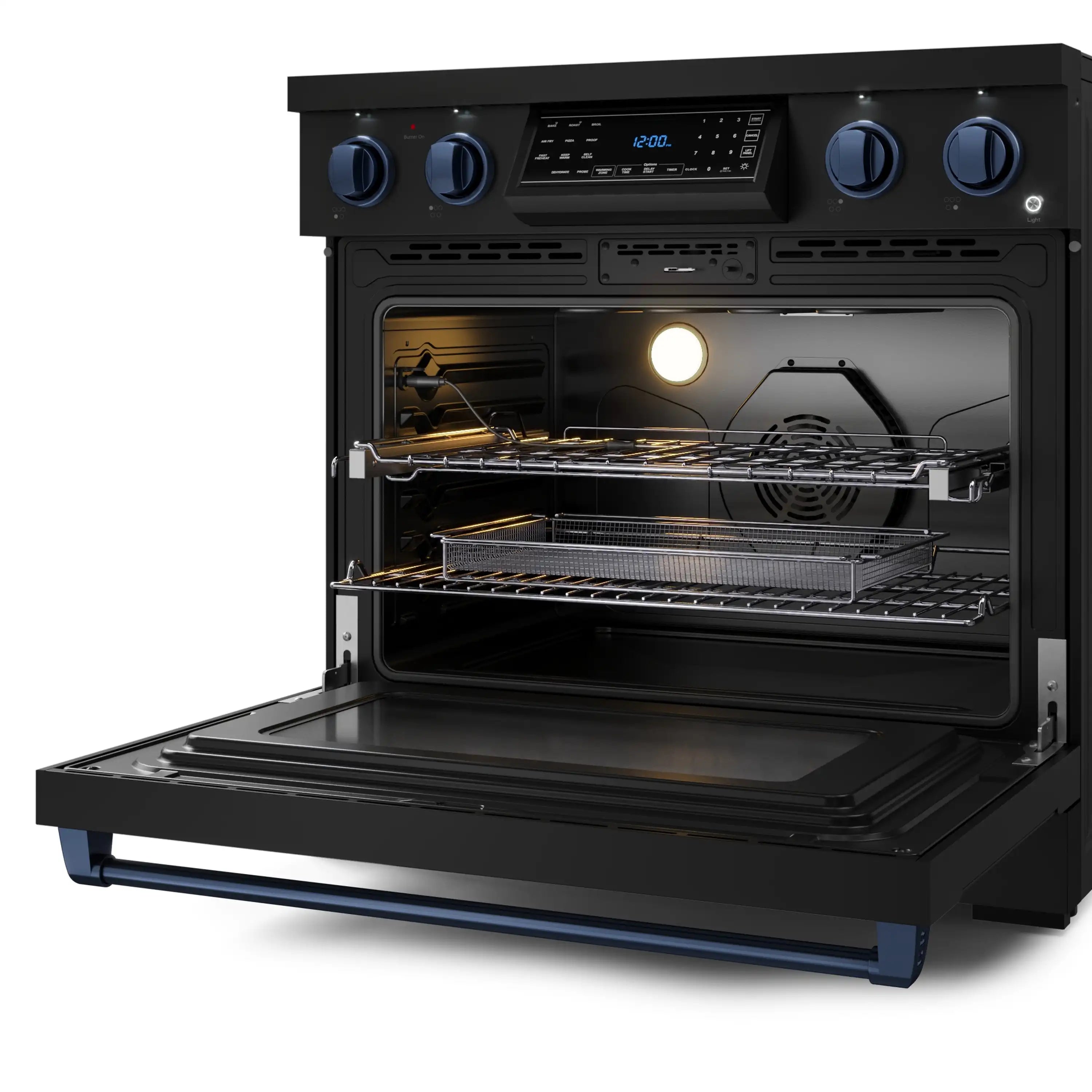 Black electric range with oven door open, visible racks and interior light