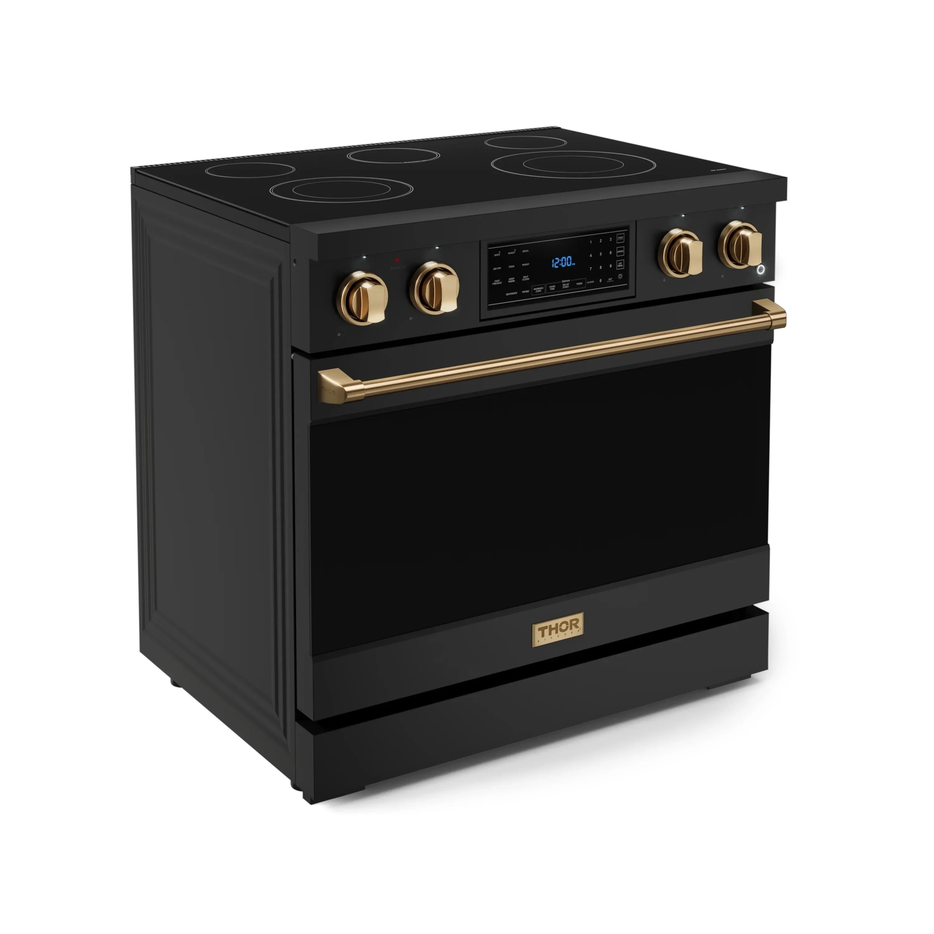 Black electric range with bronze handle, knobs, and cooktop burner rings