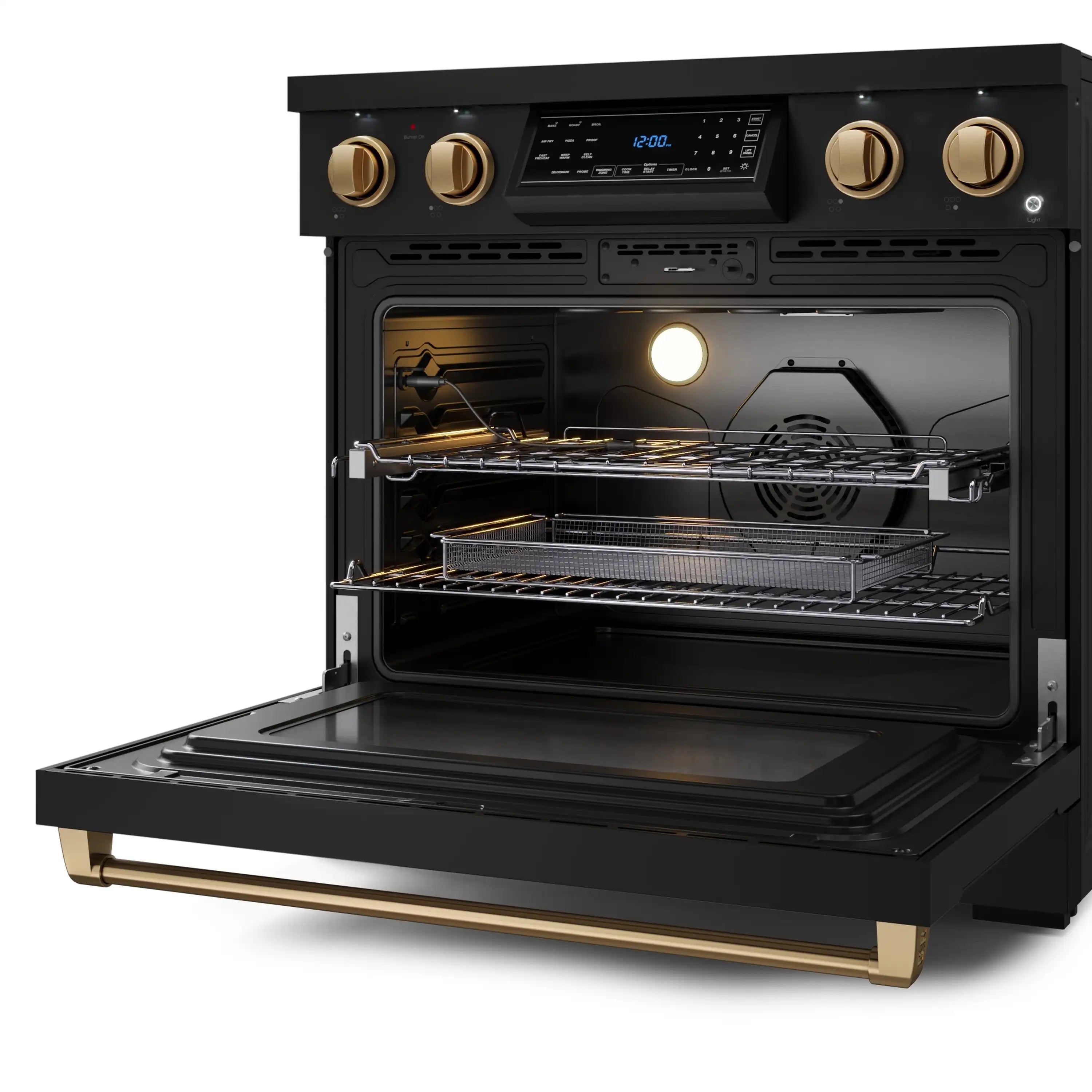 Black oven with interior light on, visible racks and bronze control accents