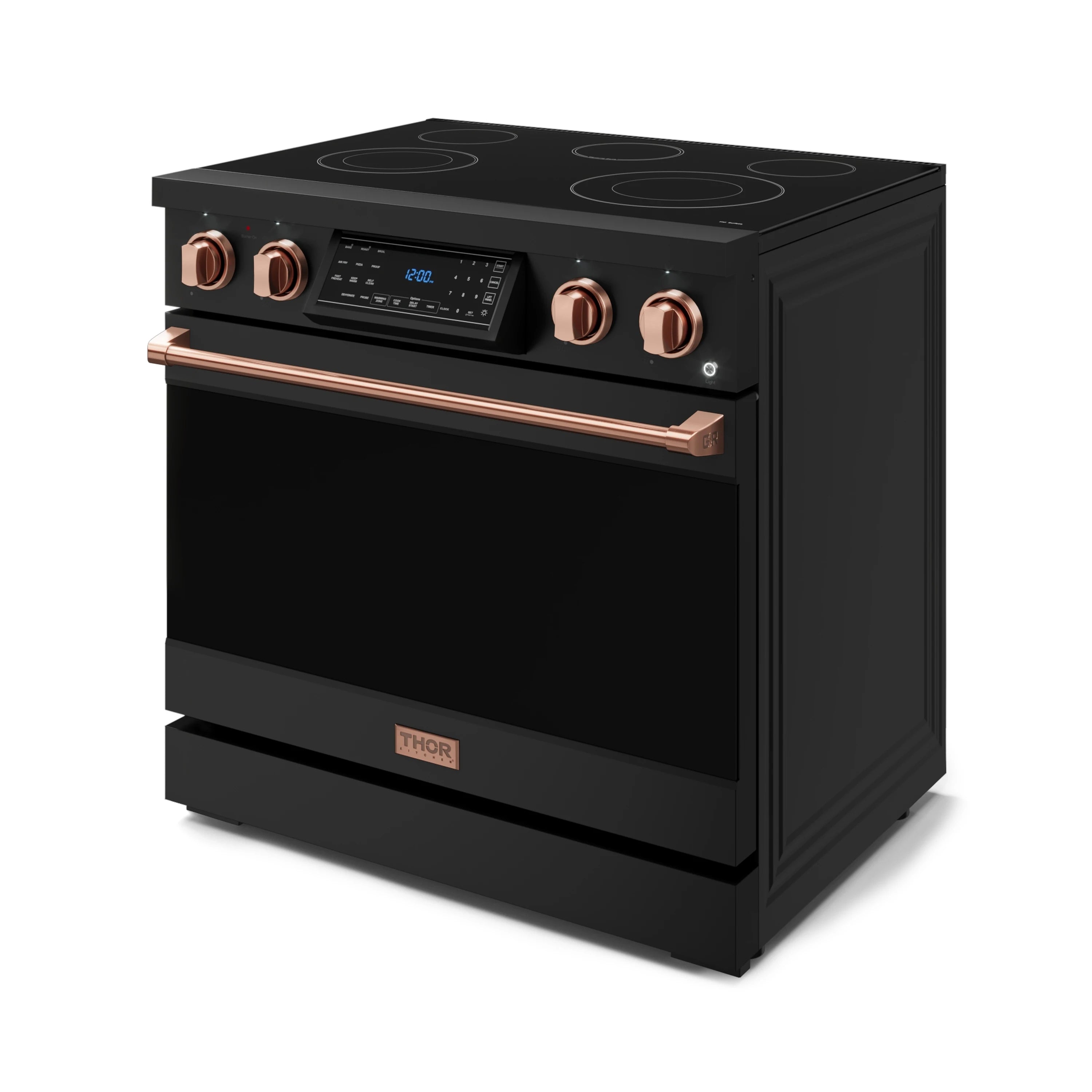 Black electric range with rose gold handle and four cooktop burner zones