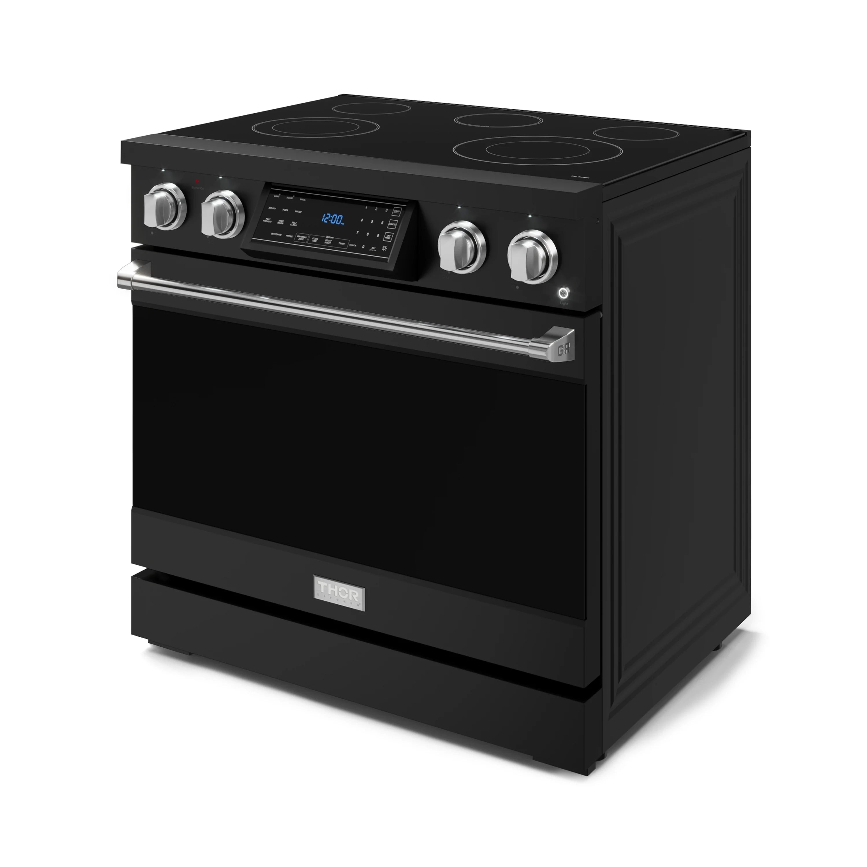 Black electric range with cooktop, control panel, and large oven door window
