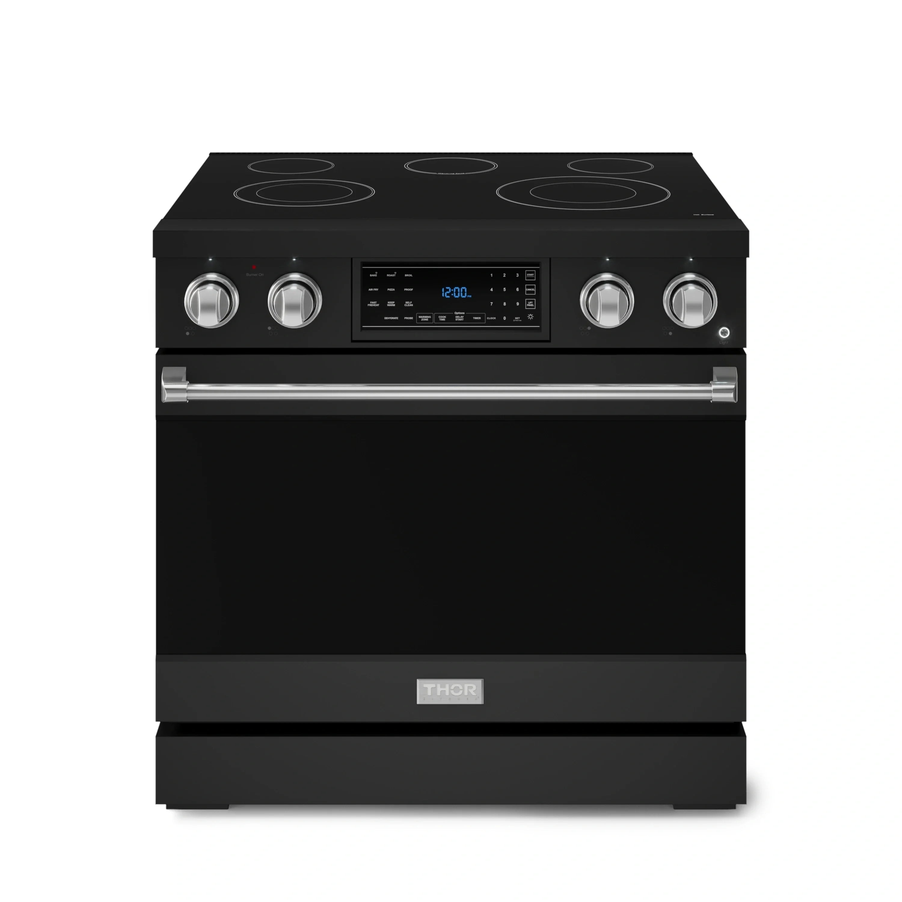 Black electric range with stainless trim, smooth-top burners and front control panel