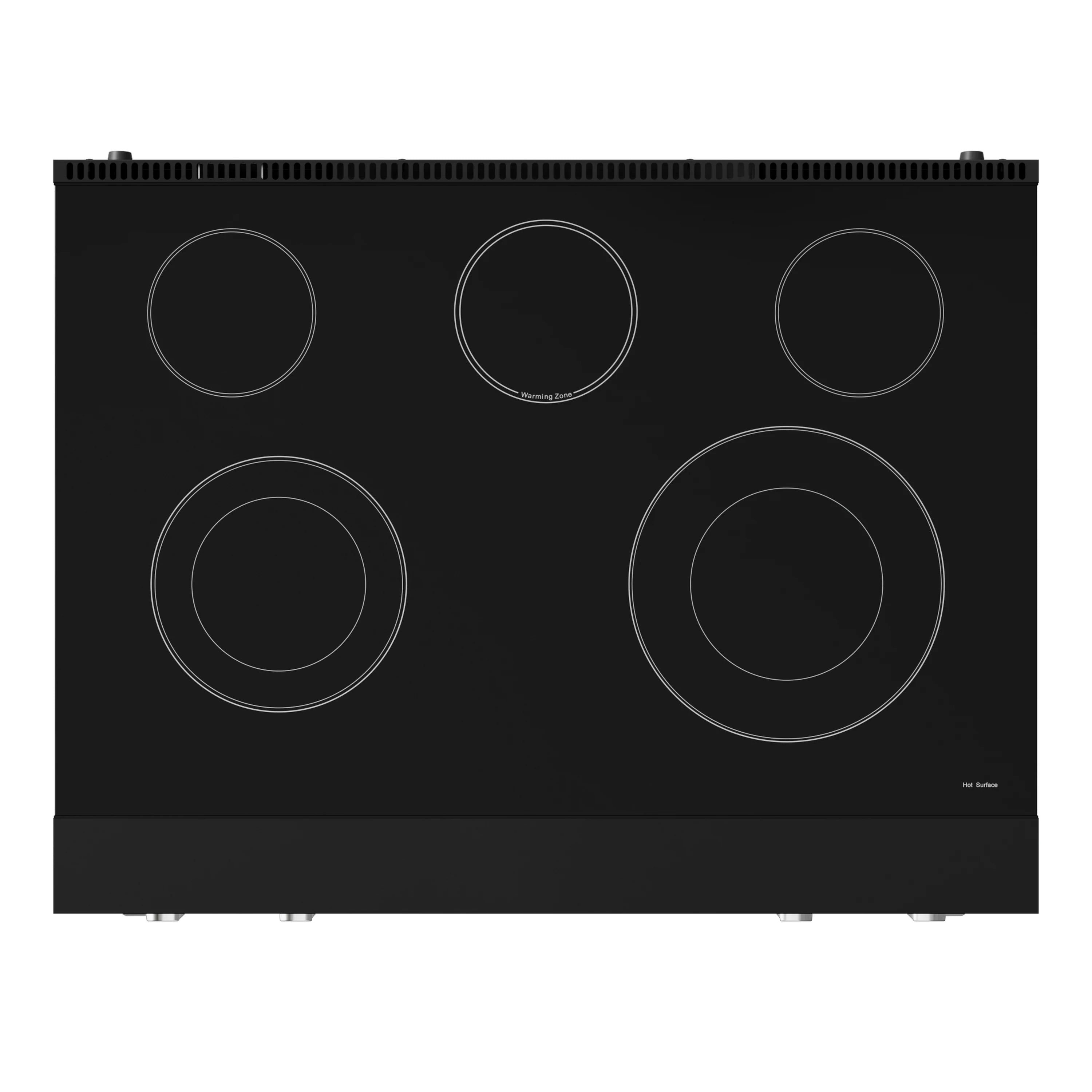 Black electric range cooktop with five circular burner elements