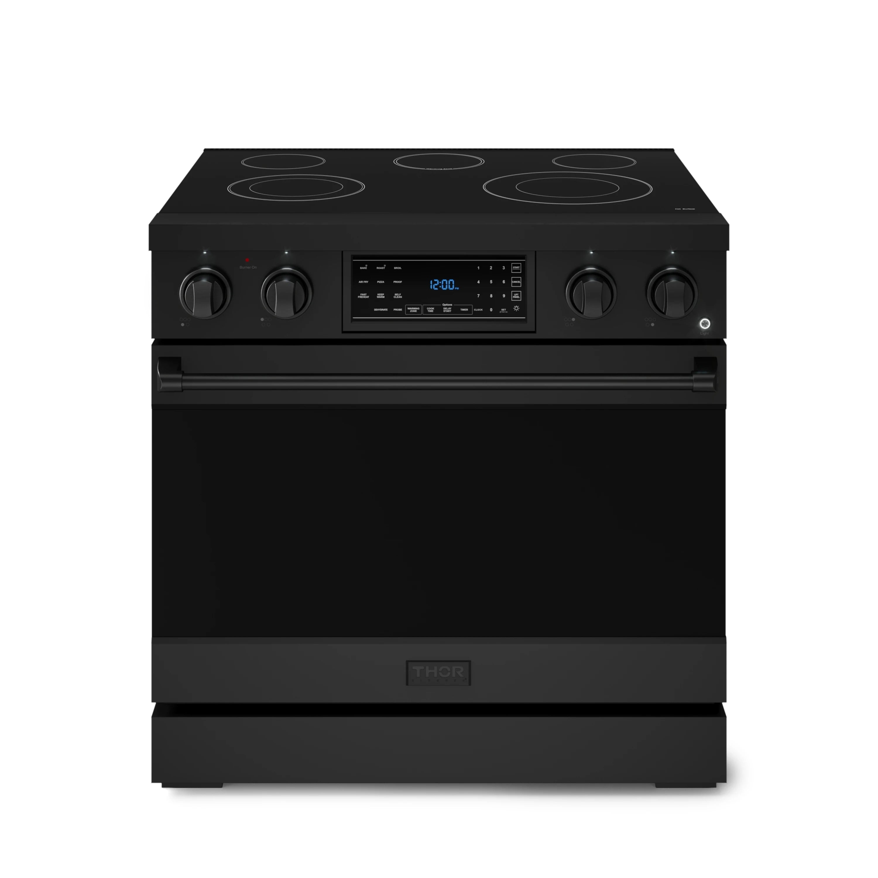 Matte black electric range front view with cooktop and digital oven control screen