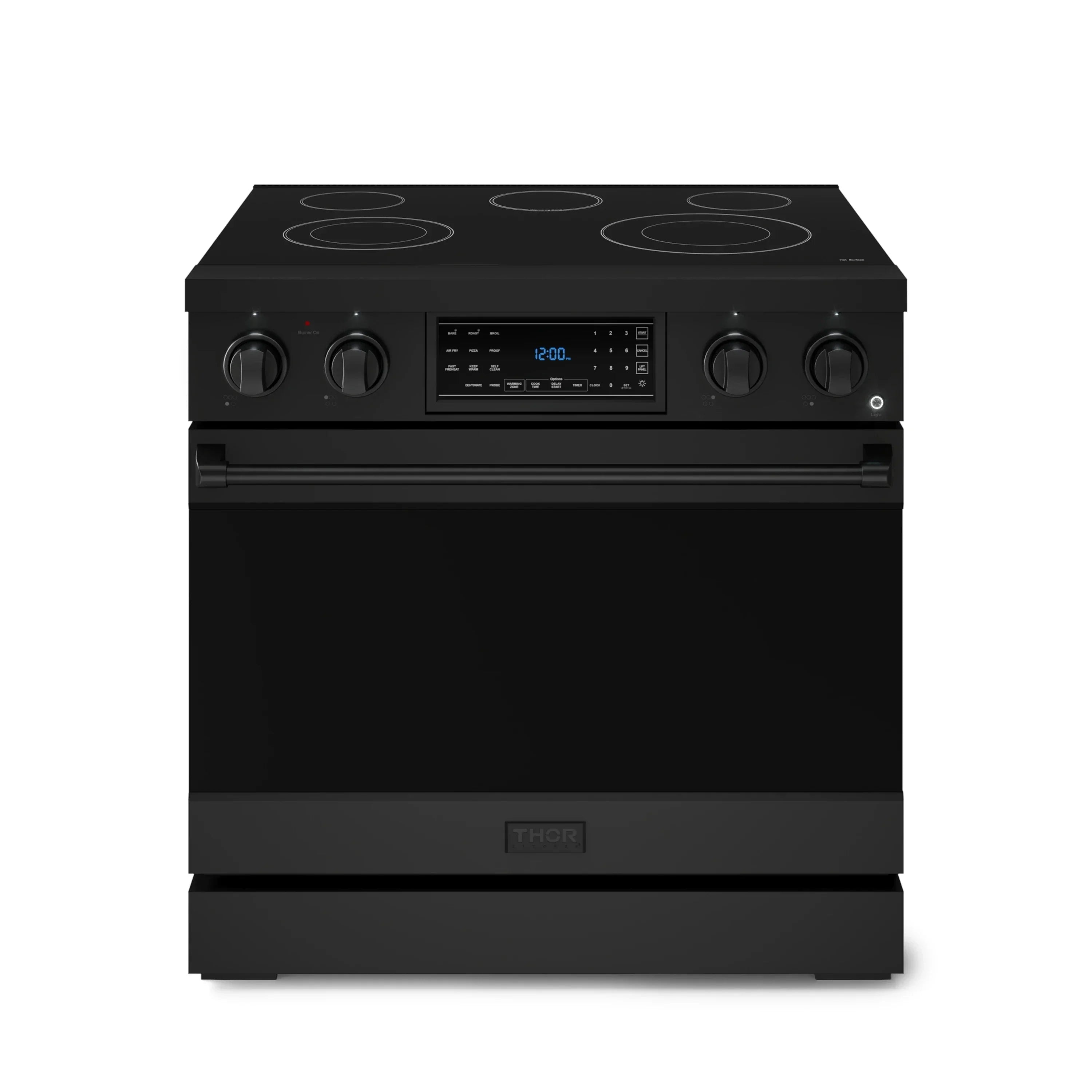 Black electric range front view with glass cooktop and digital display