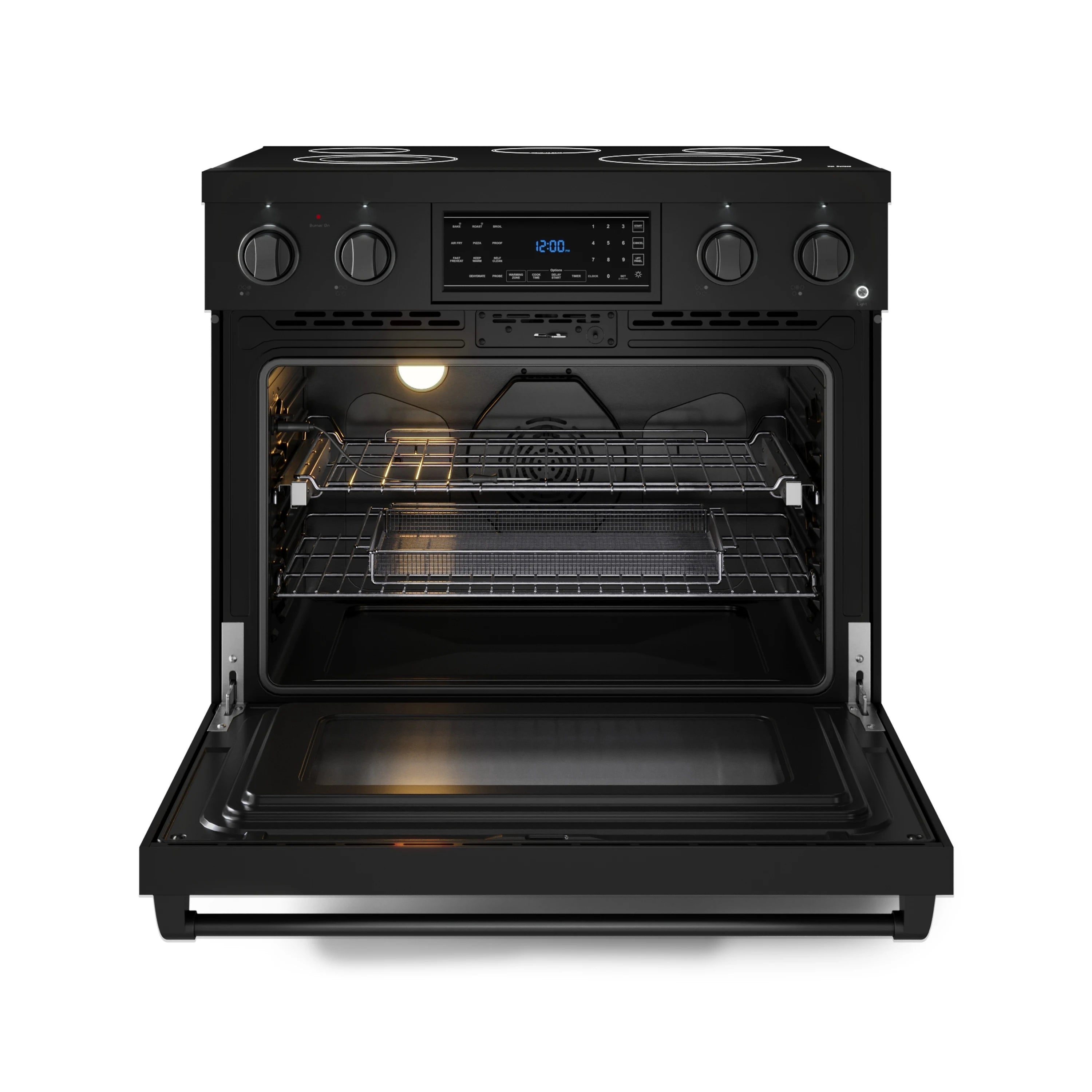 Matte black electric oven open door with rack and interior air-fry style tray