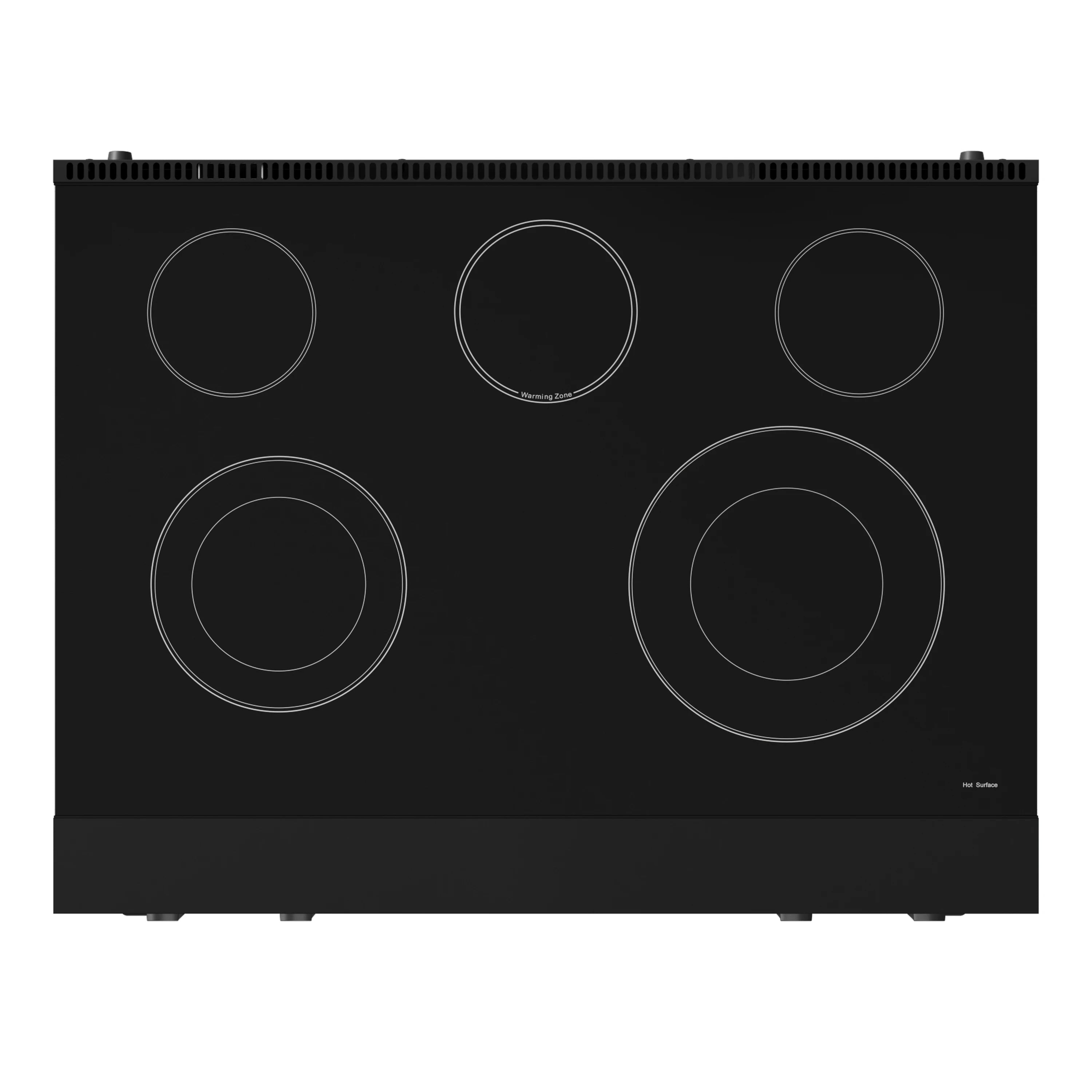 Matte black electric cooktop with five circular burner zones and control panel layout