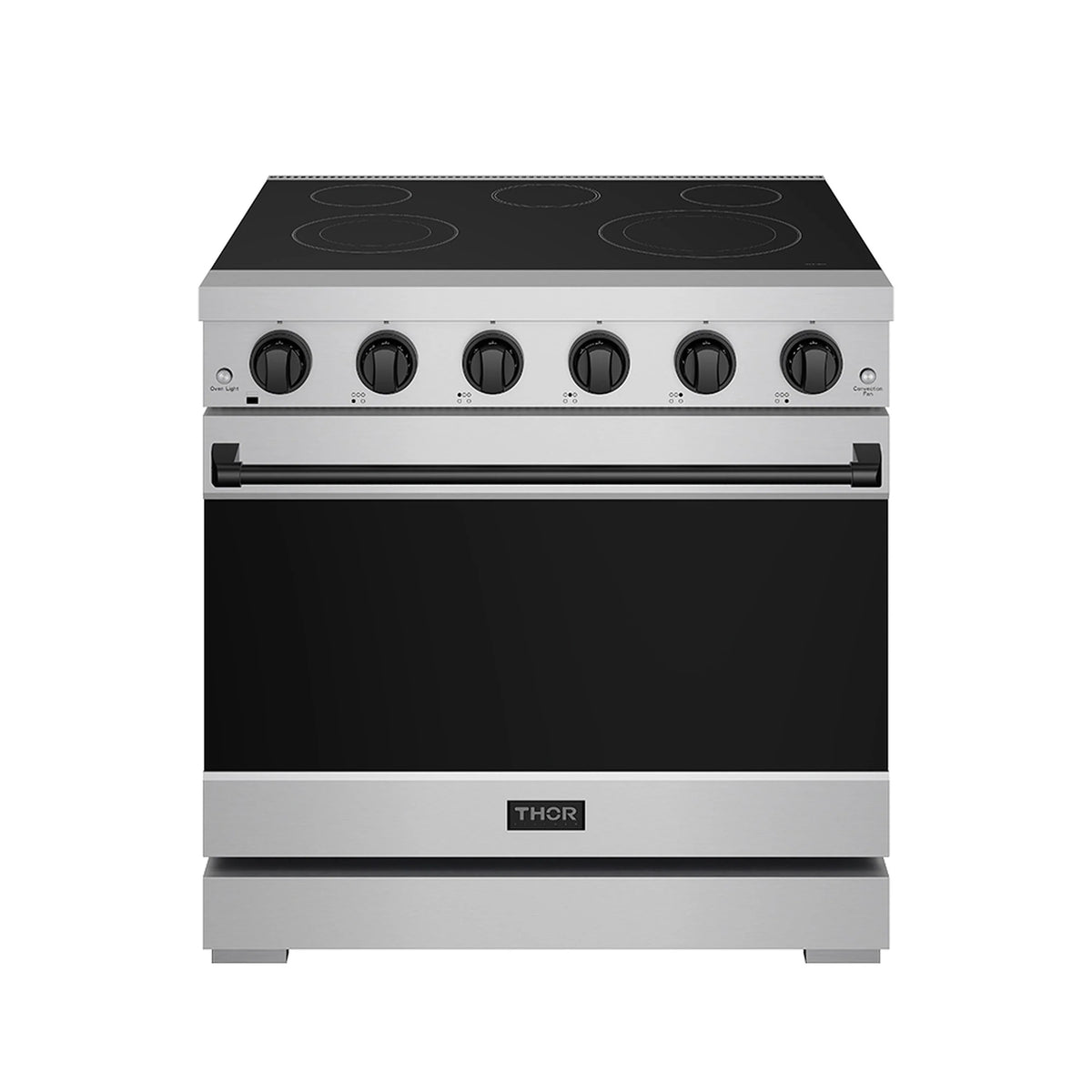 36-inch electric range with black cooktop, six control knobs, and dark oven door