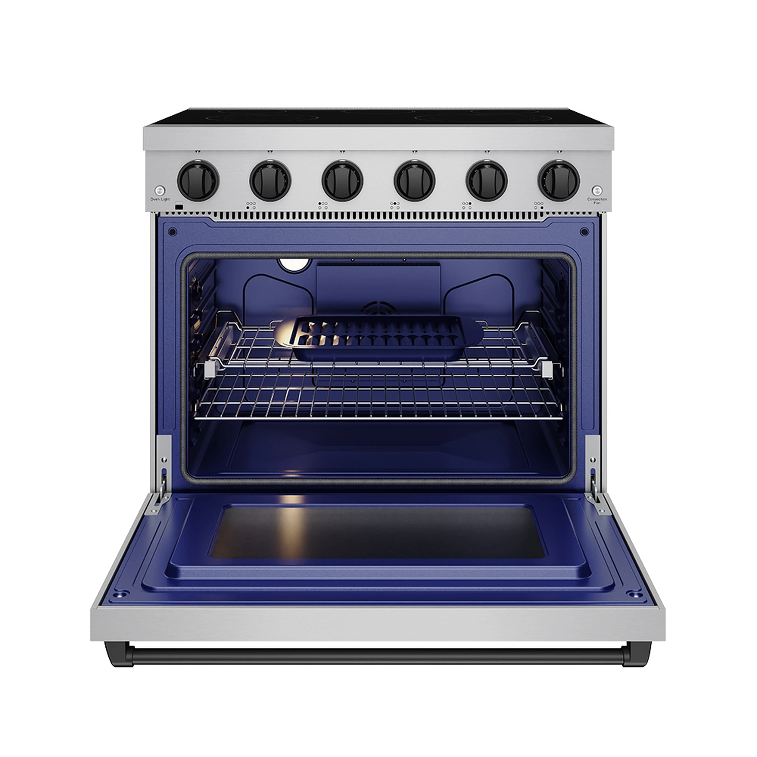 36-inch electric range with open oven door, stainless steel body and blue interior