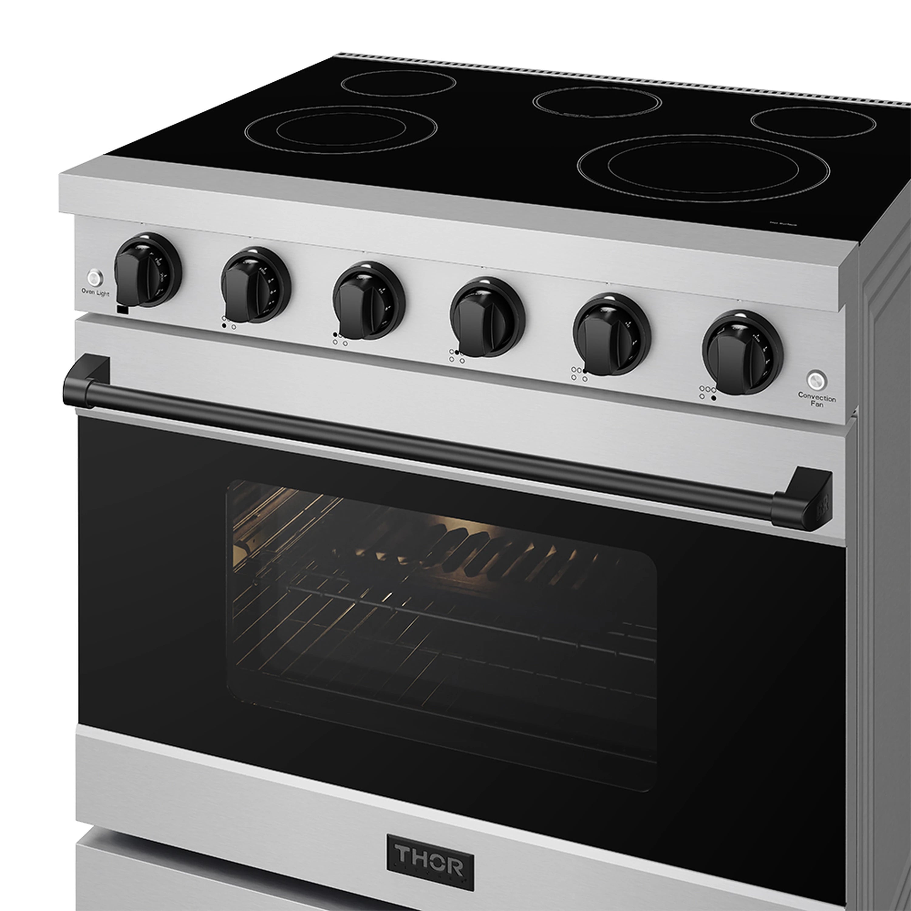 36-inch electric range with black glass cooktop, six knobs, and dark oven door window
