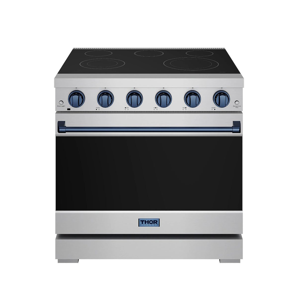 Stainless electric range front view with black oven door and blue control knobs