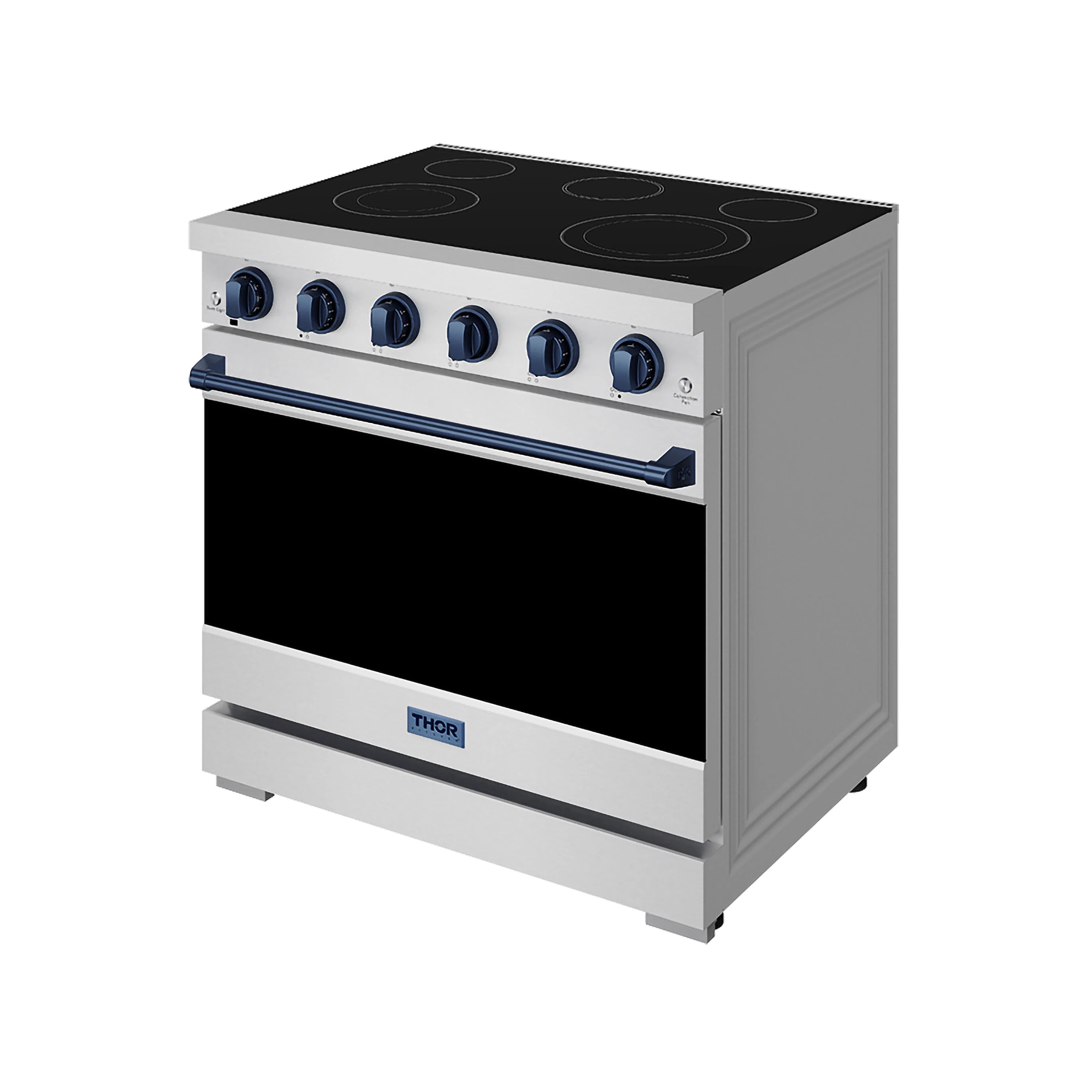 Stainless electric range with black cooktop, blue trim panel and control knobs
