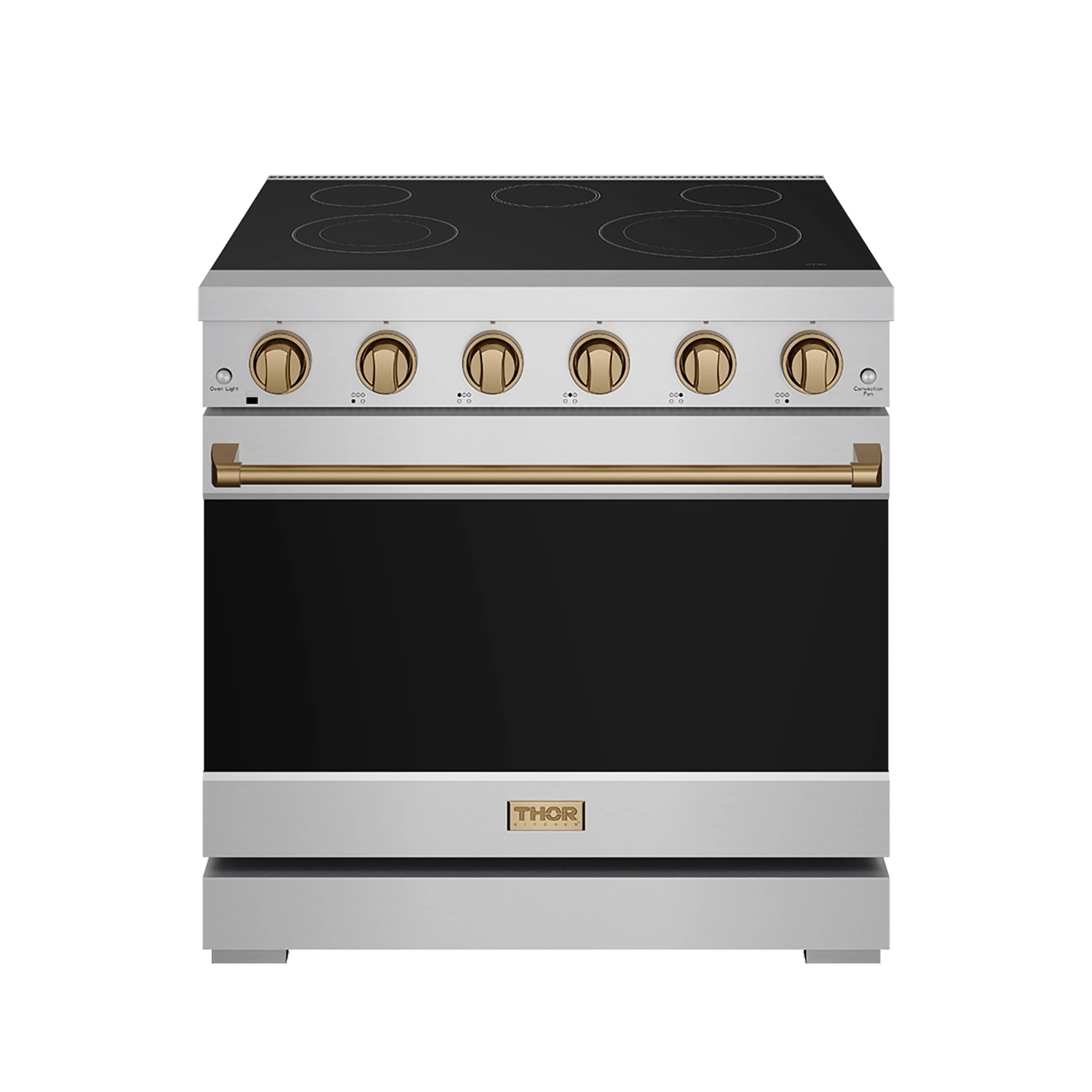36-inch electric range with black cooktop, bronze knobs, and stainless oven panel