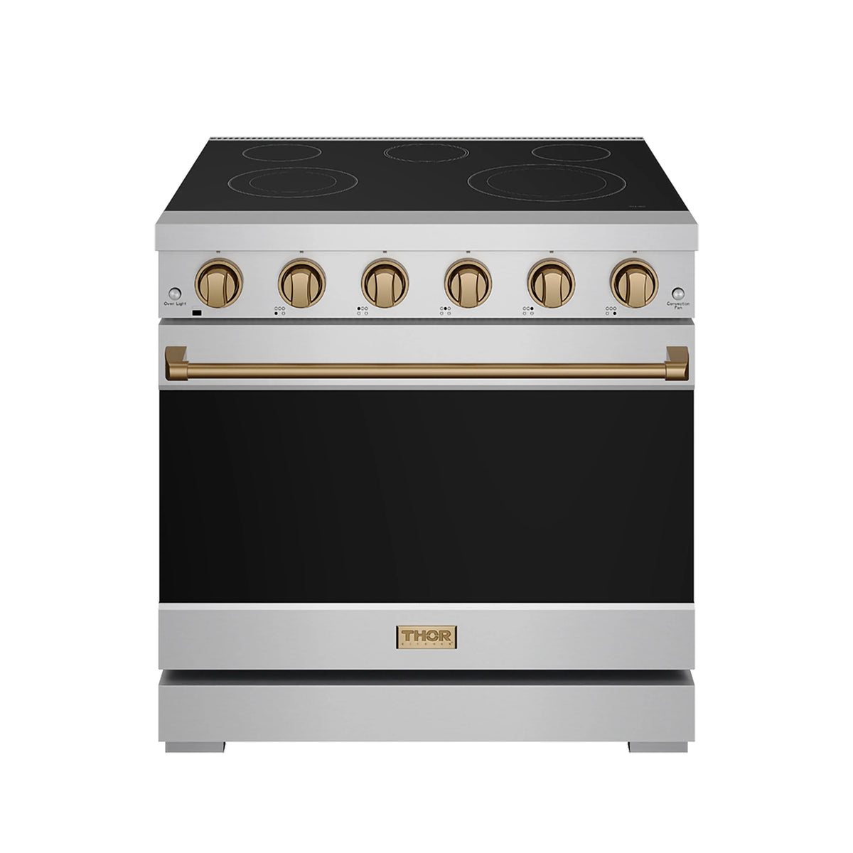 36-inch electric range with black cooktop, bronze knobs, and stainless oven panel