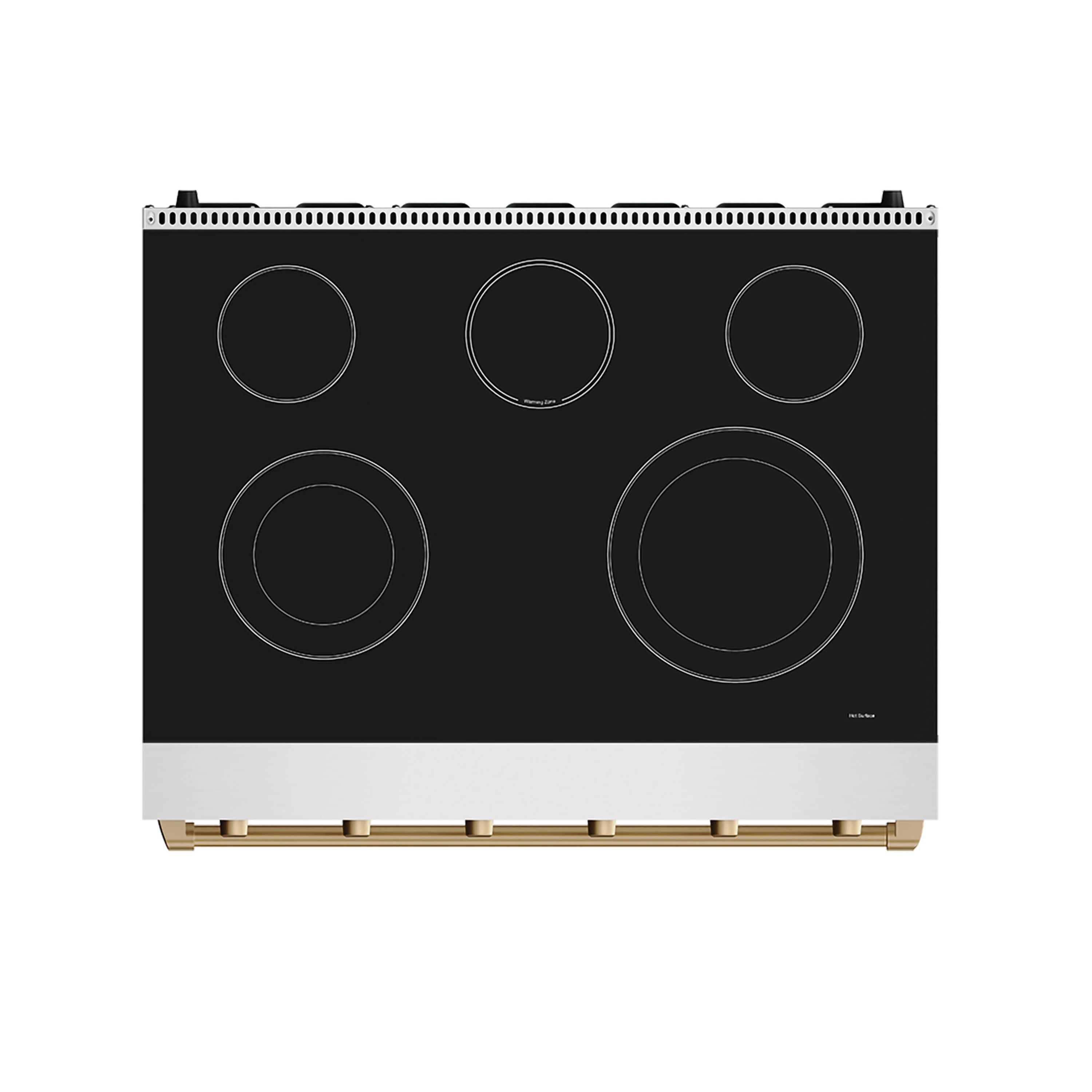 36-inch electric range cooktop, black glass with six burner circles and bronze trim bar