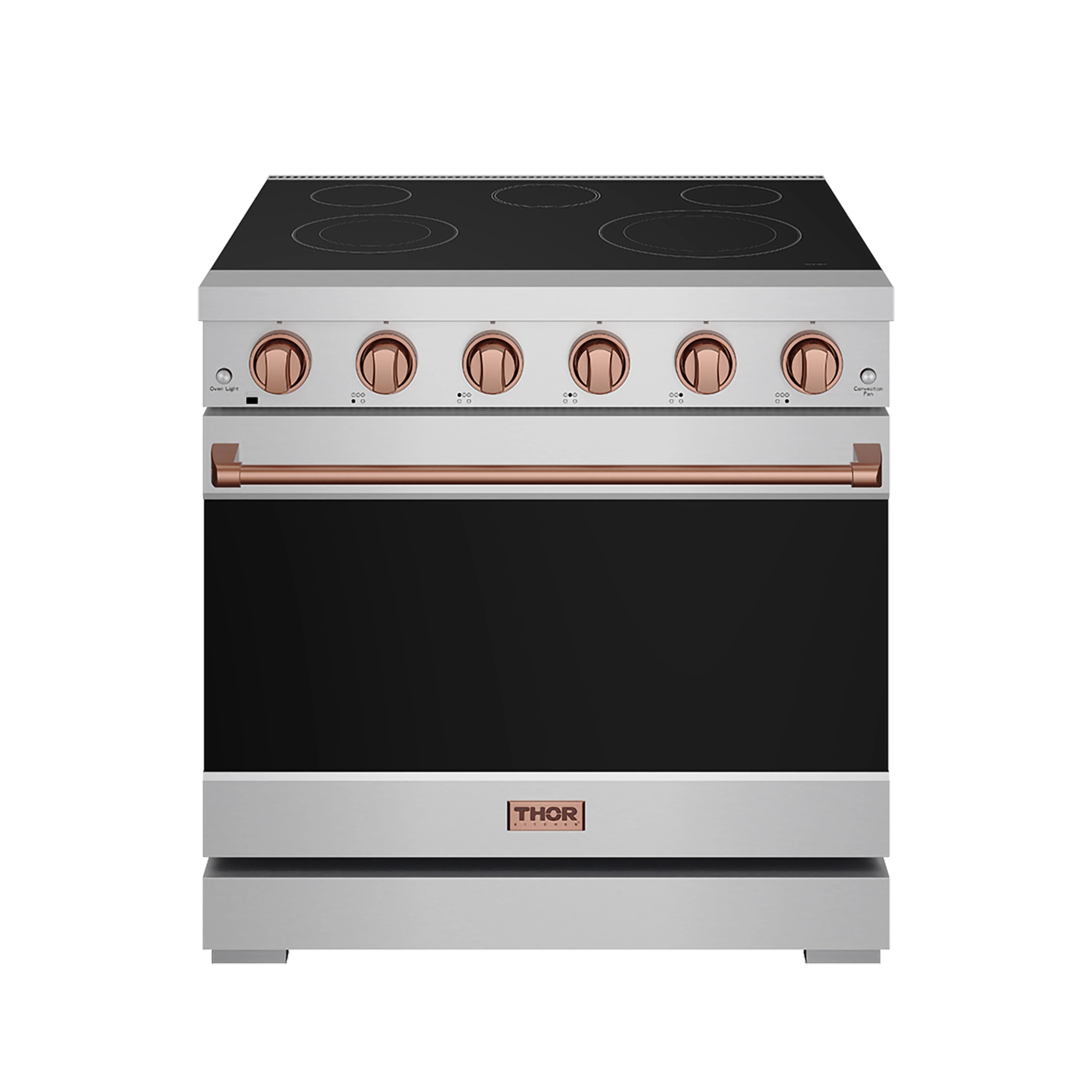 Stainless electric range with black cooktop, rose gold control knobs, and closed oven