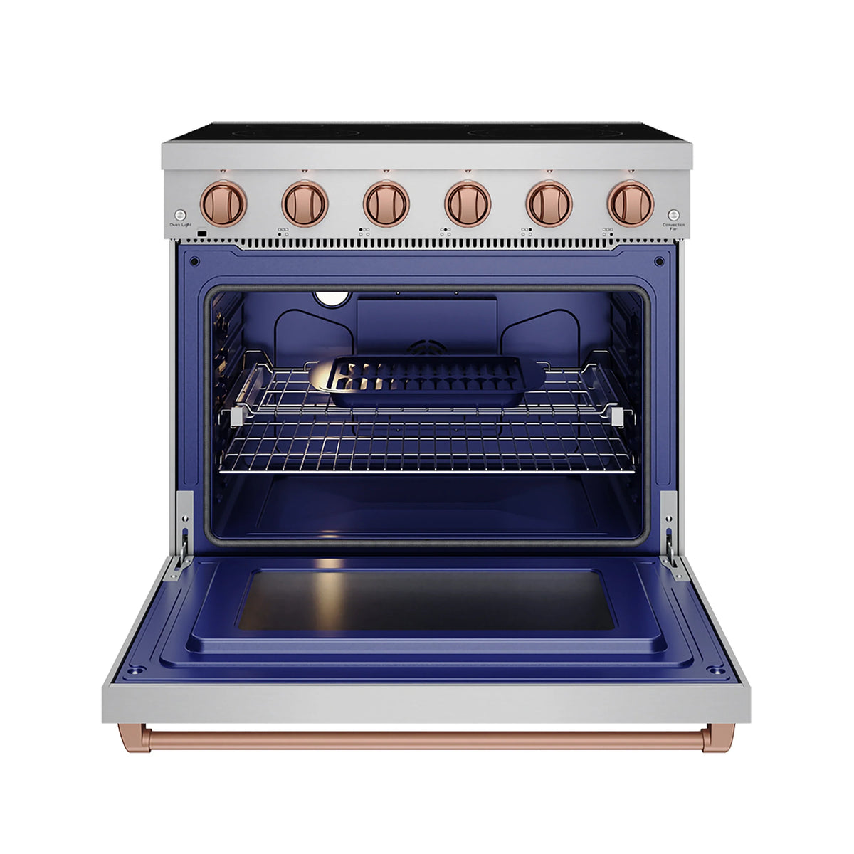 Stainless electric range with oven open and blue interior rack for baking