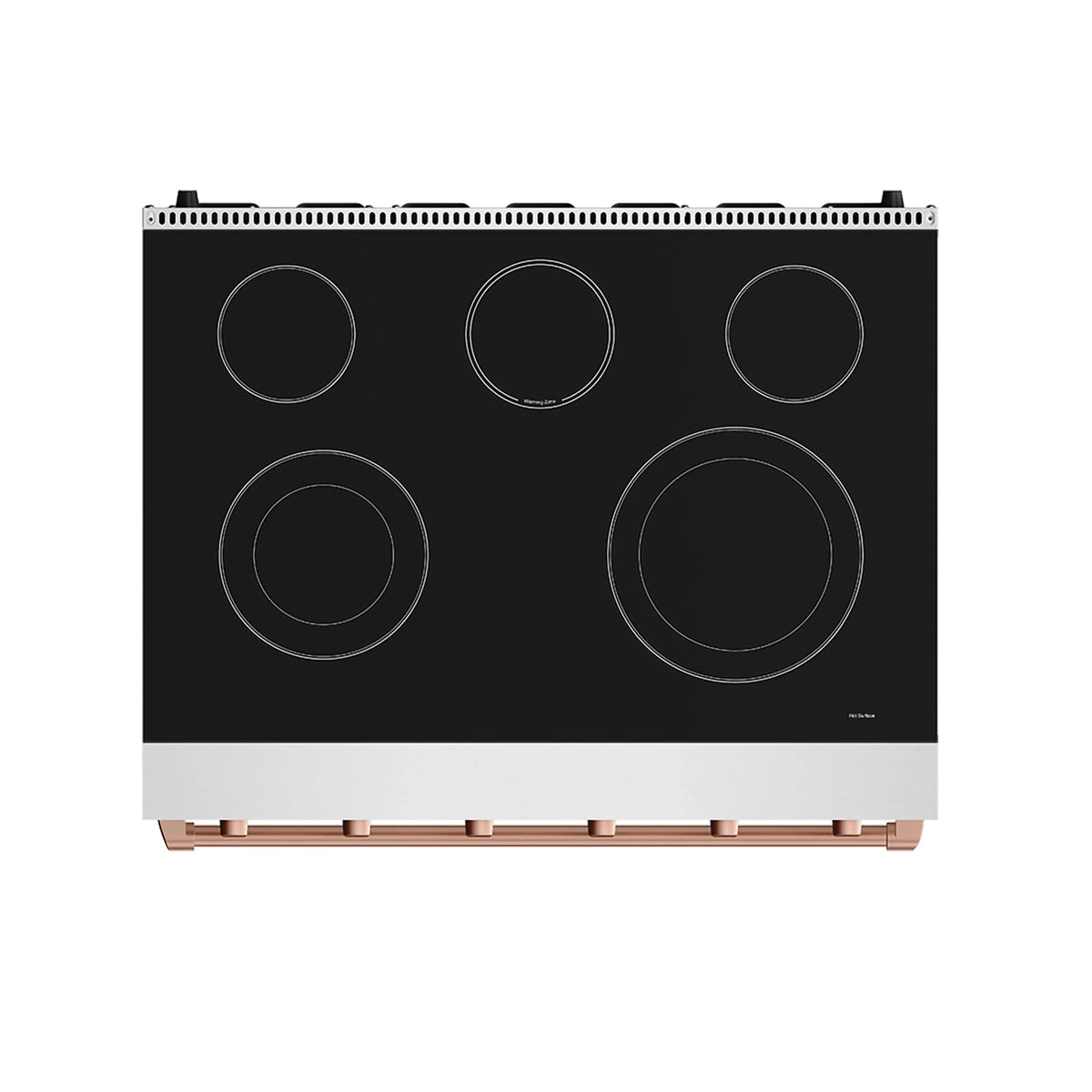Black electric cooktop with five coil burners and rose gold accent trim