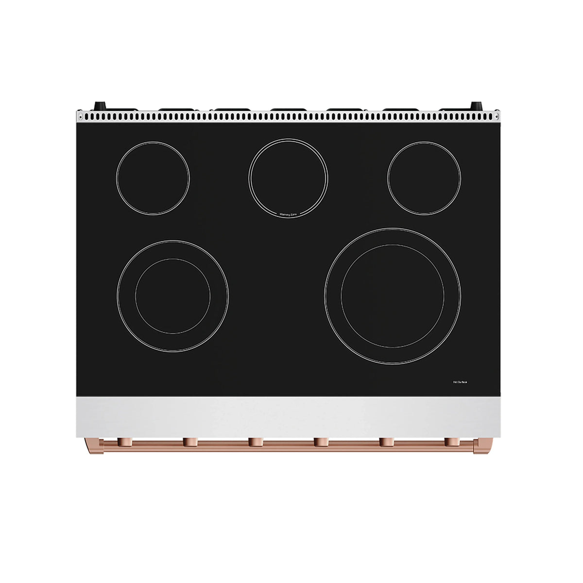 Stainless electric range cooktop panel with five burners and rose-gold control bar