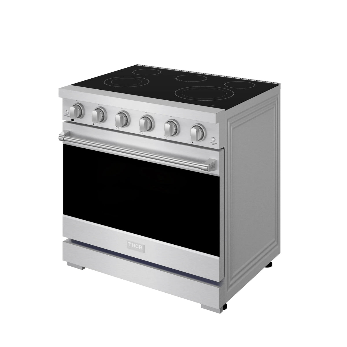 Stainless electric range with black cooktop and oven door with handle