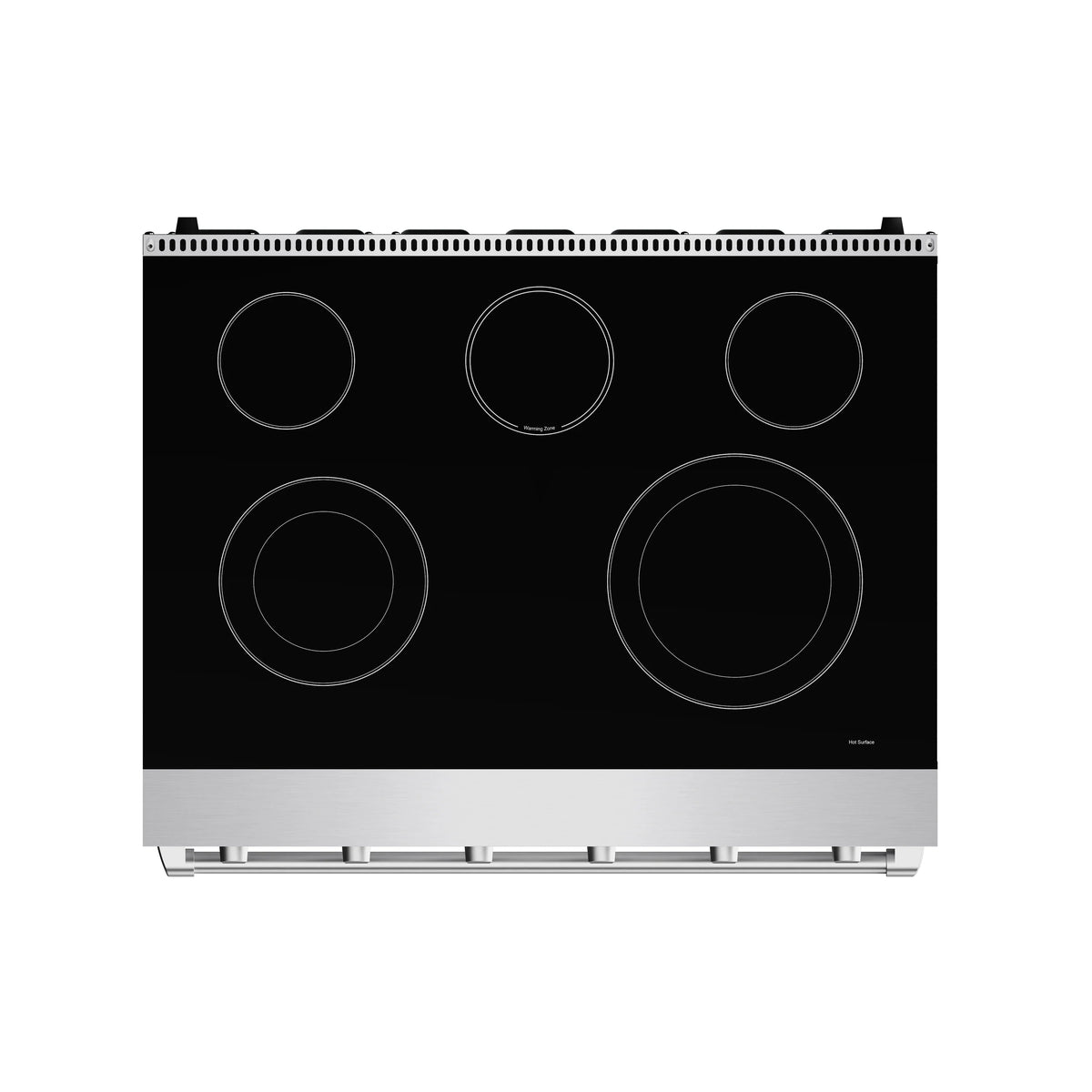 Stainless steel electric range cooktop surface with six black coil burner circles