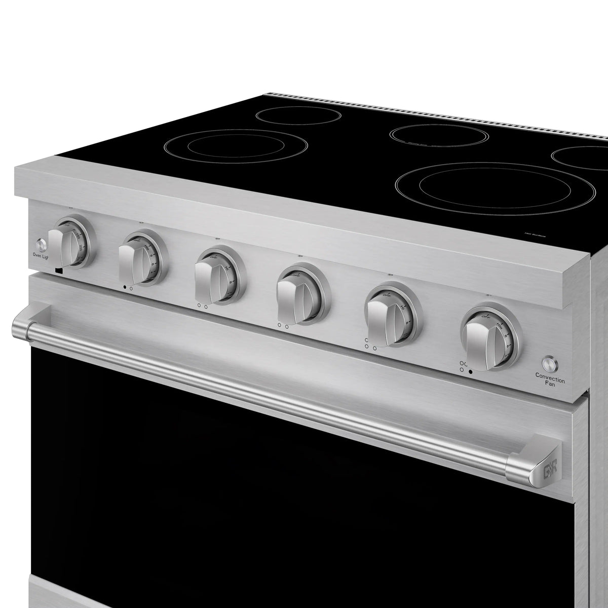 Stainless steel electric range front with five burner cooktop and knob controls