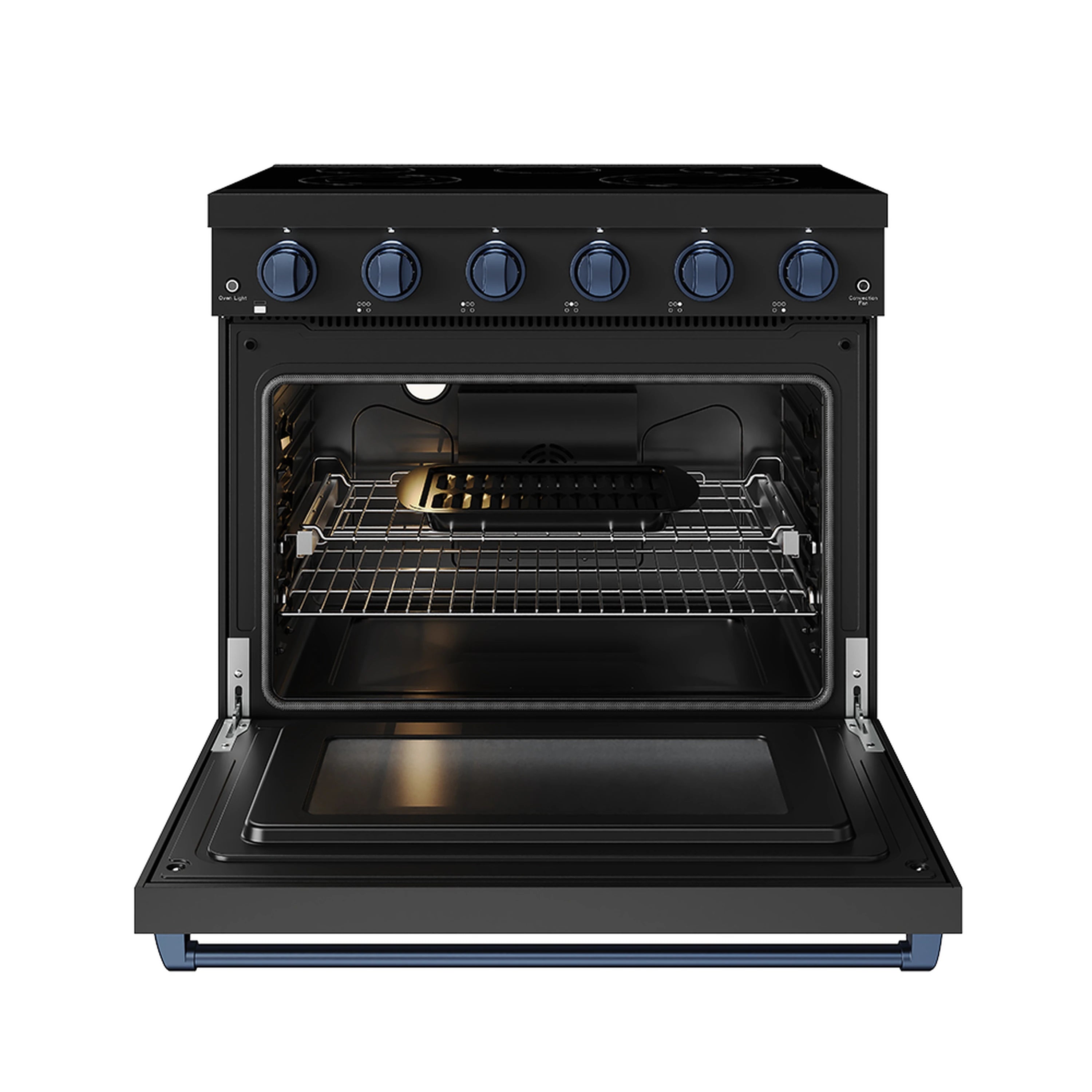 Black electric range with blue-trim control knobs; open oven door with racks